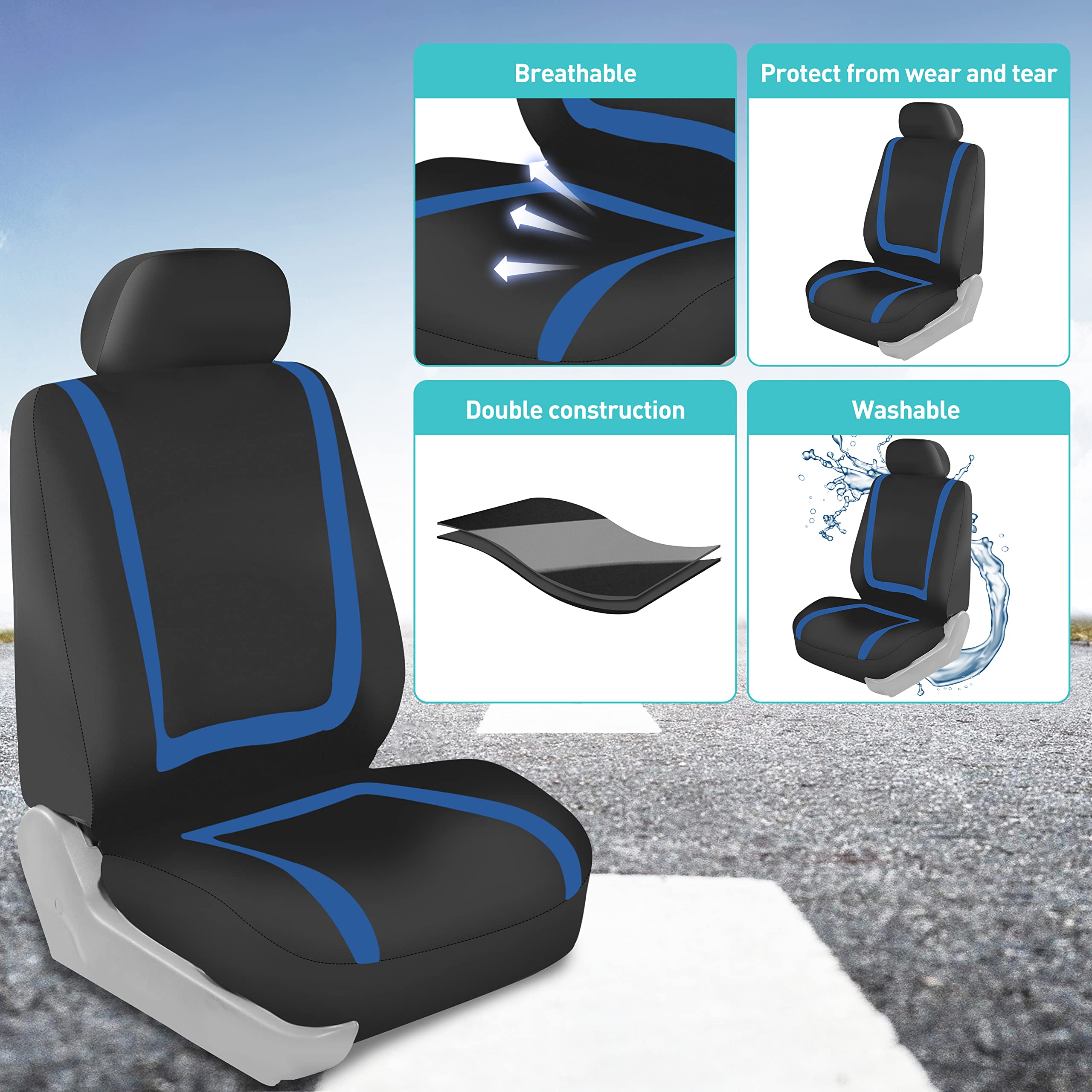 Premium FH Group Low Back Car Seat Covers - Universal Fit Front Set with Removable Headrest | Washable Cloth Seat Protectors for SUV, Sedan, Van | Perfect for Commuting, Road Trips & Family Travel (Blue)