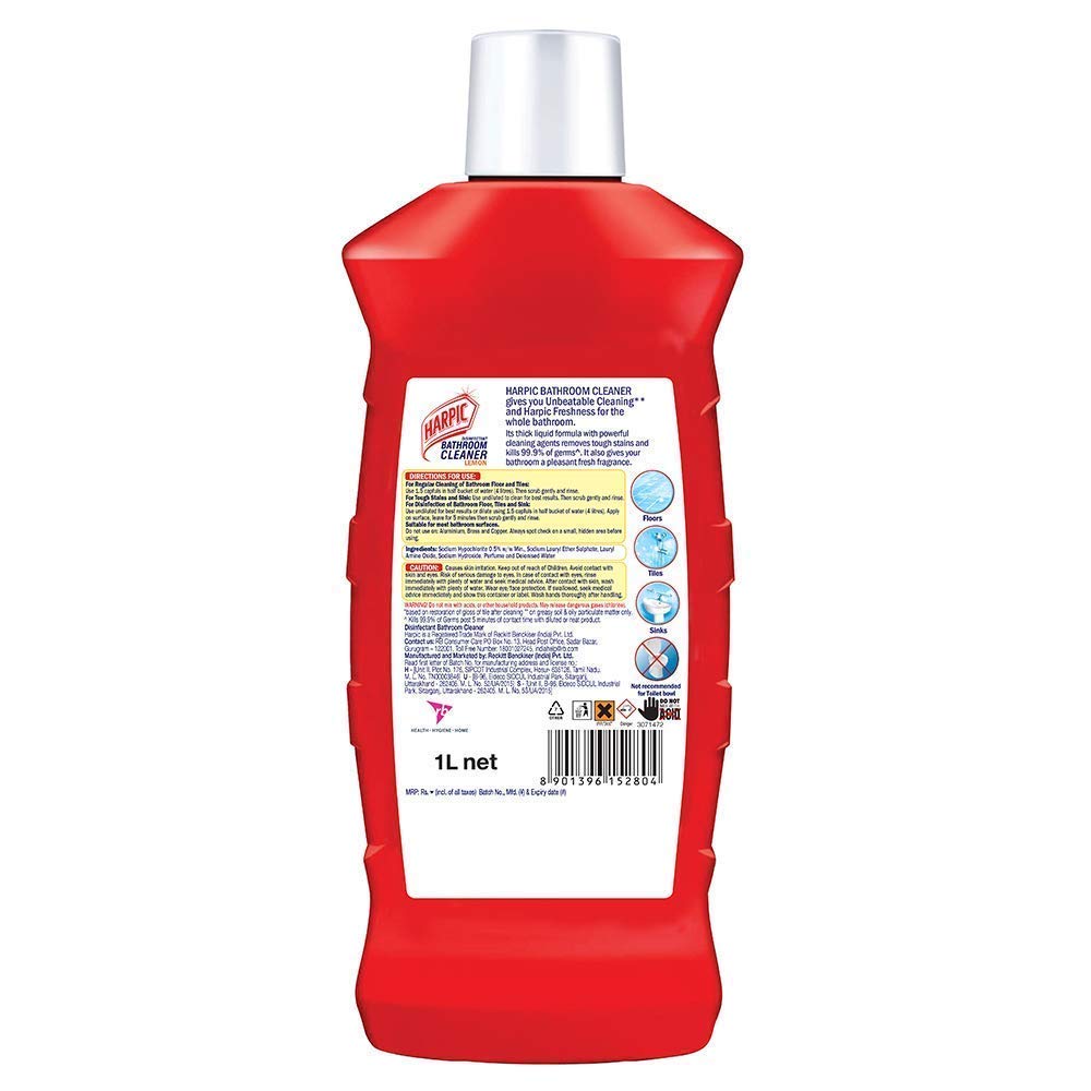 Harpic Lemon Bathroom Cleaner Liquid - 1 Litre | Thick Formula for Floors & Tiles | Powerful Toilet & Bathroom Disinfectant | Fresh Lemon Scent for Home & Commercial Use