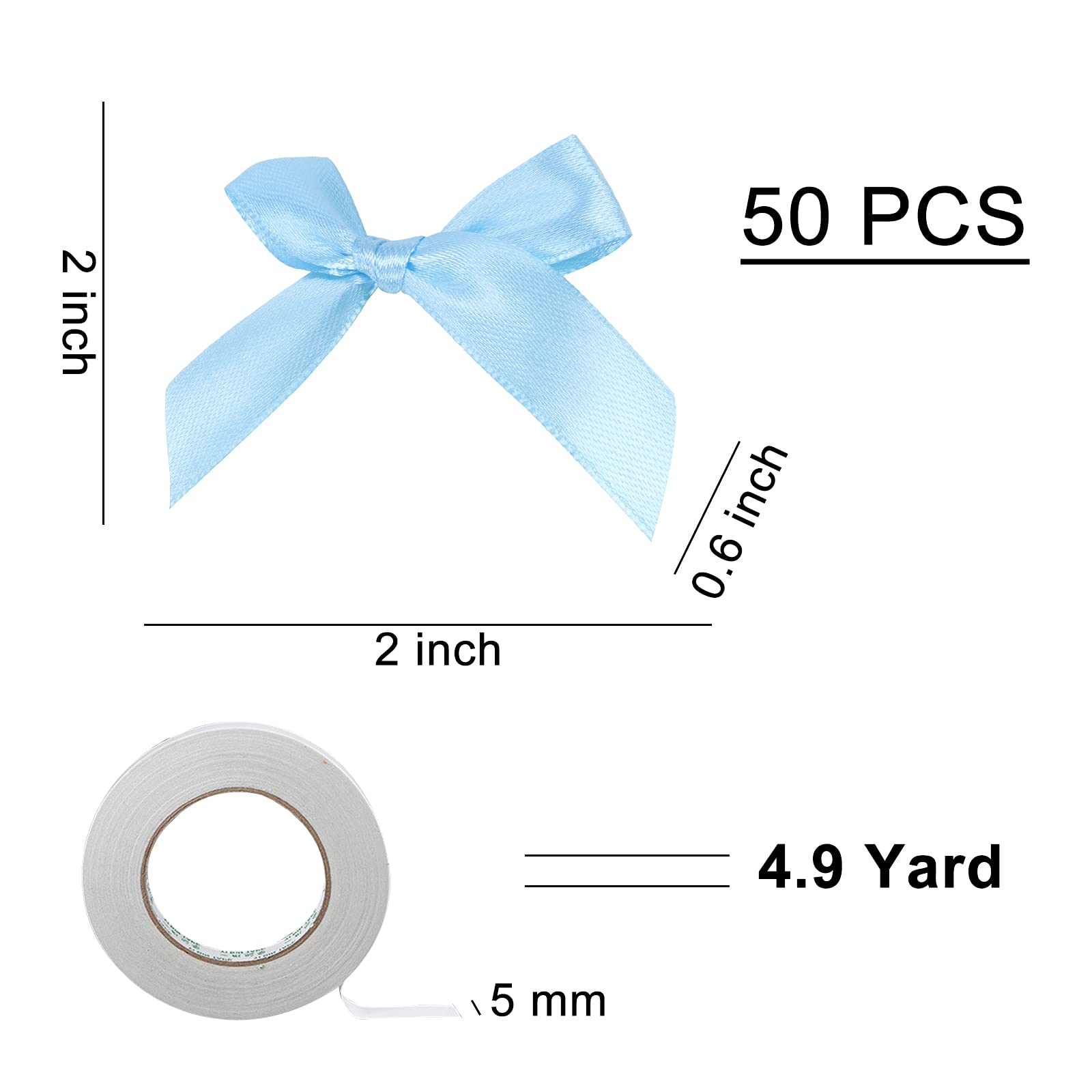 50 Pcs Satin Ribbon Bows with Adhesive Tape - 5CM x 5CM Single Sided Satin Bows for Gift Wrapping, Wedding Decorations, DIY Crafts, Halloween Party Decor, Card Making & Sewing Embellishments - Perfect for Holiday Gifts, Baby Showers & Home Decor (Blue)