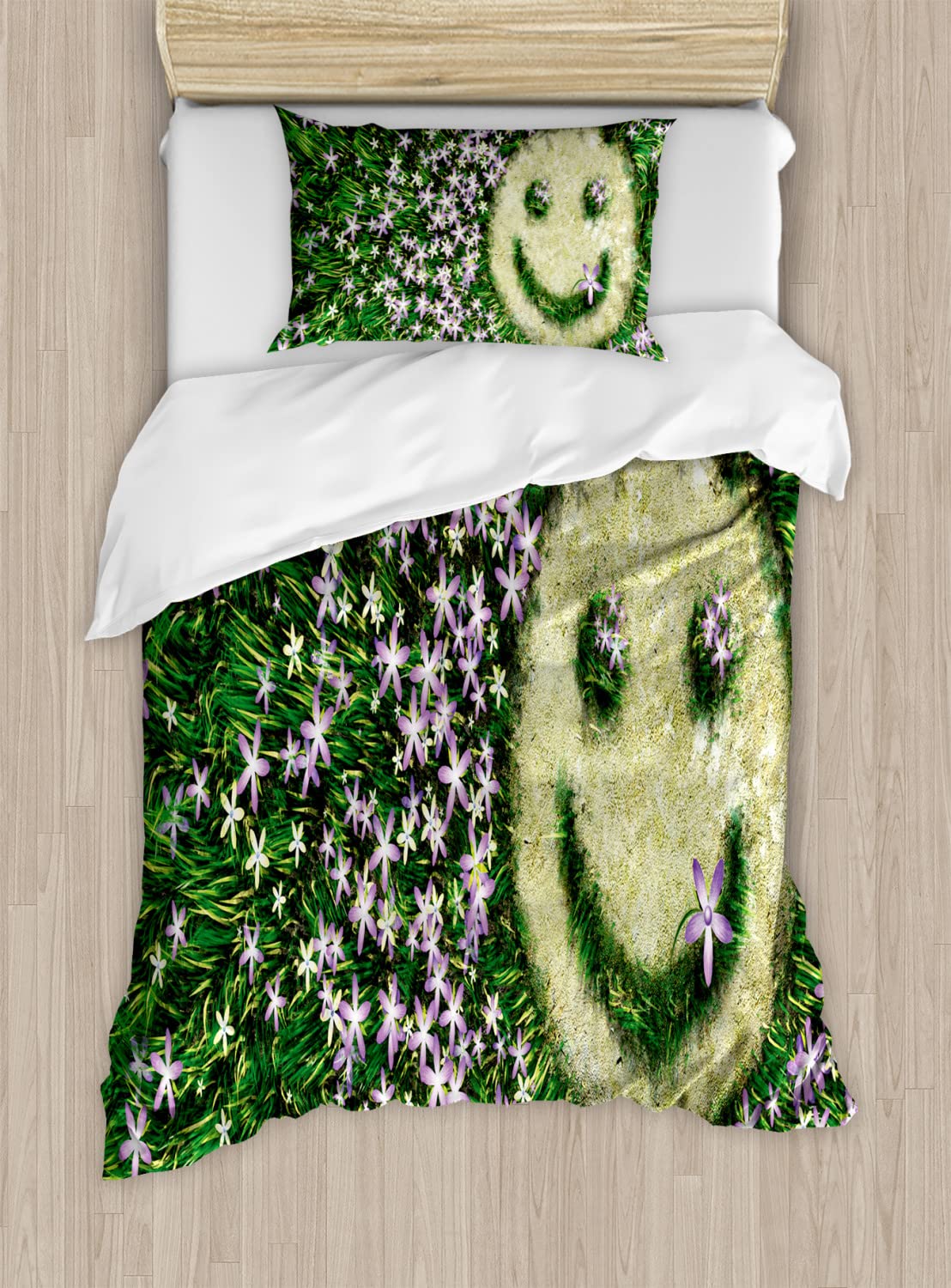 Ambesonne Garden Duvet Cover Set - Happy Smiling Emoticon on Floral Meadow Print, 2-Piece Twin Size Bedding Set with 2 Duvet Covers & 2 Pillowcases, Lavender Green - Perfect for Spring Bedroom Decor & Humorous Home Accents
