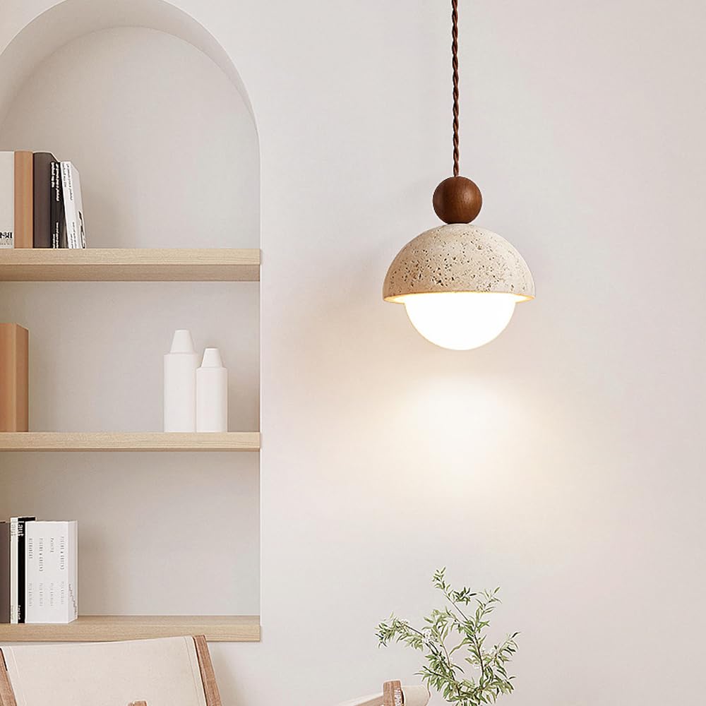 Natural Stone Shade Spherical Pendant Light - Retro Mini Pendant Lamp Nordic Style Hanging Lighting for Kitchen Island, Dining Room & Bedroom - Solid Wood Ceiling Light with E27 Socket - Perfect for Farmhouse, Modern & Industrial Decor