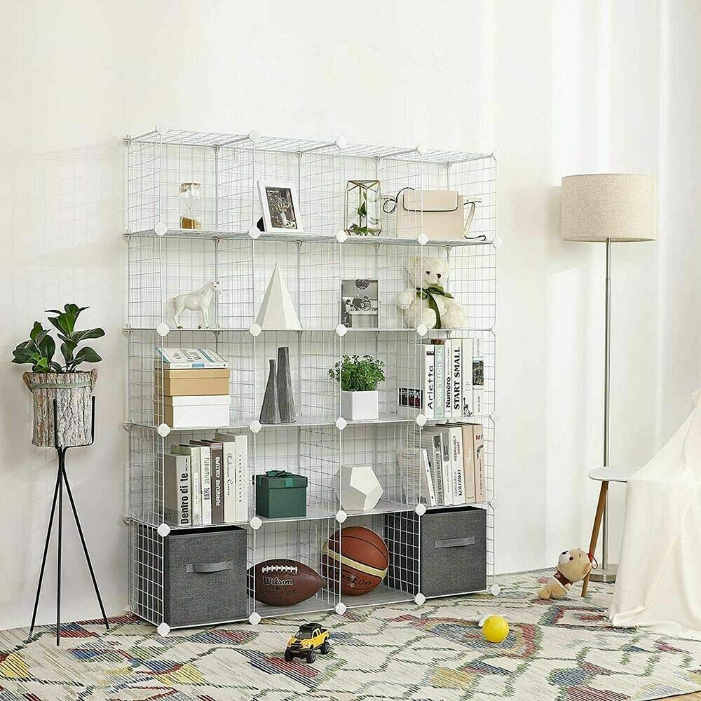 20-Cube Organizer Storage Shelves - Wire Metal Grid Rack Cabinet with Cubbies - Modern Bookcase for Home Office, Living Room & Bedroom Organization