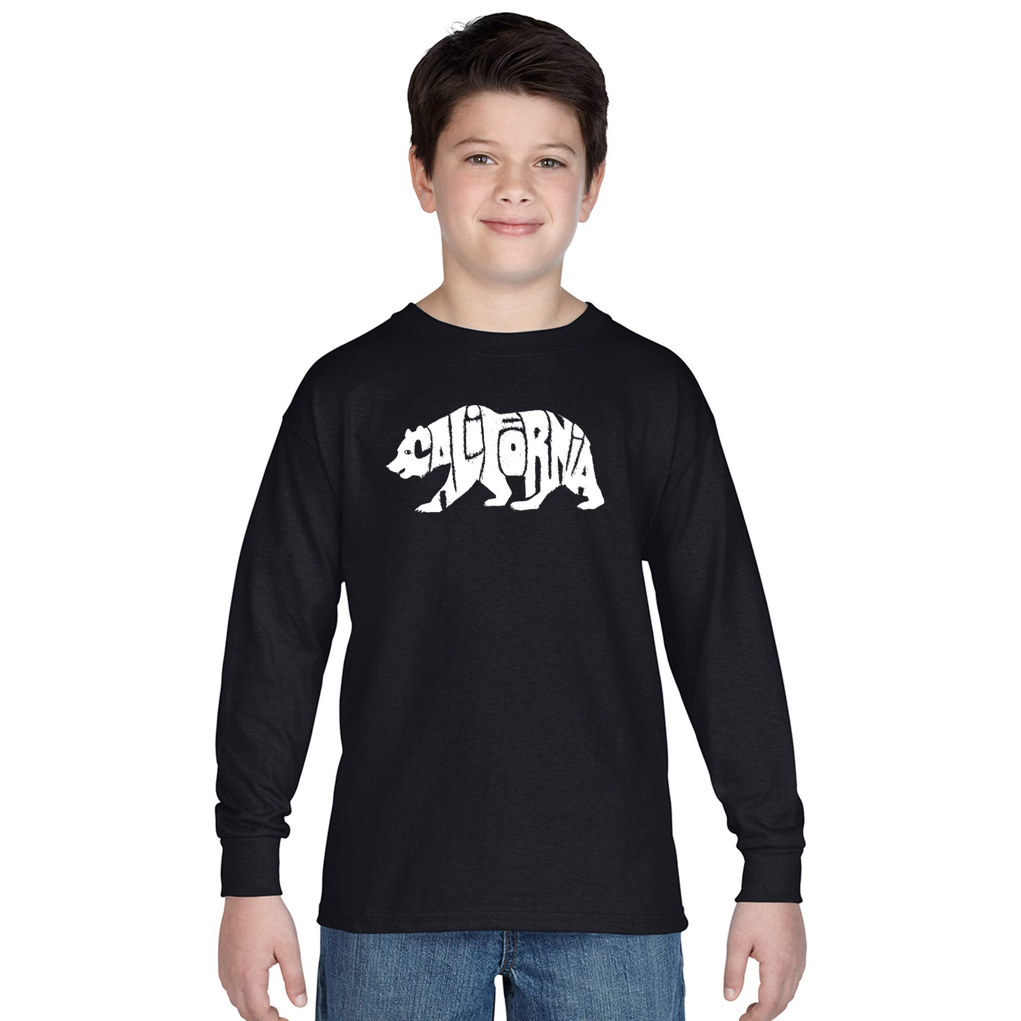 LA Pop Art Boy's Word Art Long Sleeve T-Shirt - California Bear Graphic Tee for Kids | Trendy Streetwear & Casual Outfit for School, Playdates, and Family Photos