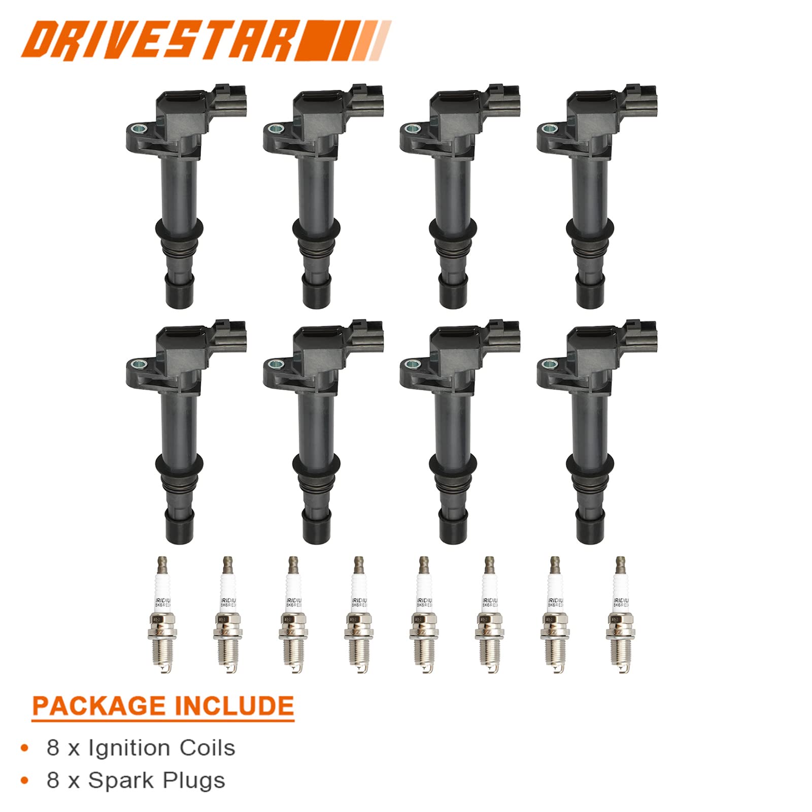 DRIVESTAR 8-Piece UF270 Iridium Spark Plugs & Ignition Coil Pack Set - Compatible with 1999-2003 Jeep Grand Cherokee/Commander 4.7L, 2002-2007 Dodge Ram 1500/Durango/Dakota, 2006-2007 Mitsubishi Raider 4.7L V8 - High Performance Engine Ignition for Smoother Starts & Better Fuel Efficiency