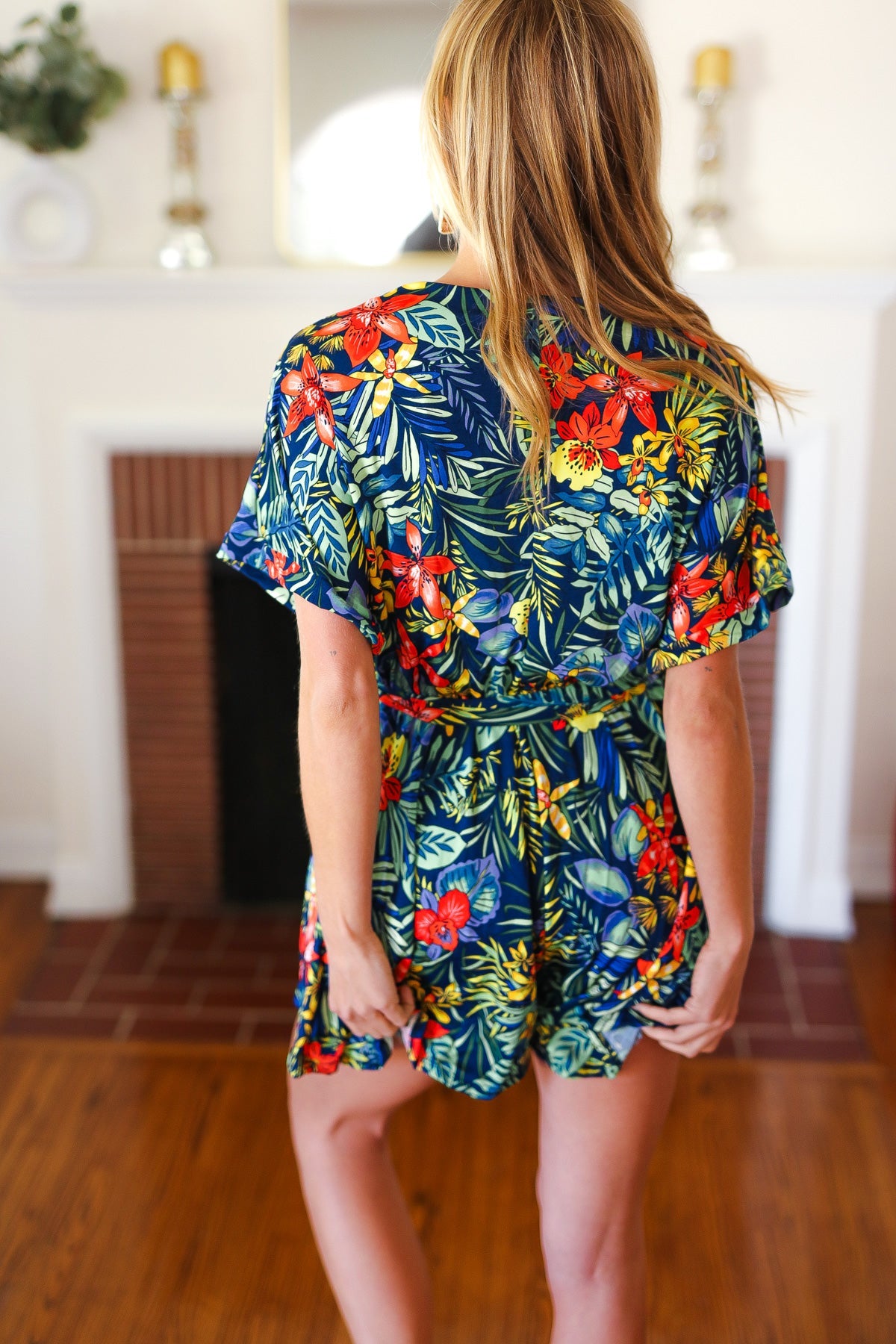 Navy Blue Tropical Floral Print Surplice Romper for Women - Summer Beach Vacation, Pool Party & Casual Outfit