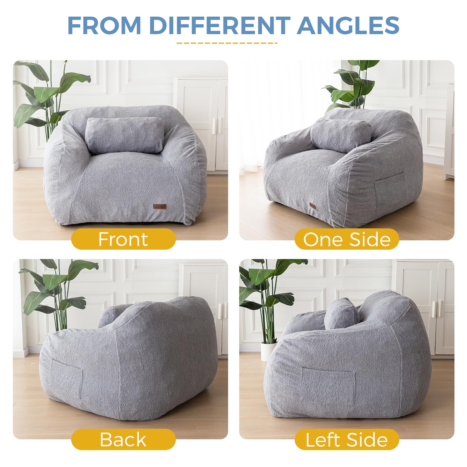 MAXYOYO Oversized Fuzzy Bean Bag Chair with Pillow - Extra Large Comfy Lounger for Adults & Teens - Perfect for Reading Nook, Gaming Room, Movie Night & Dorm Relaxation - Soft Grey Fabric