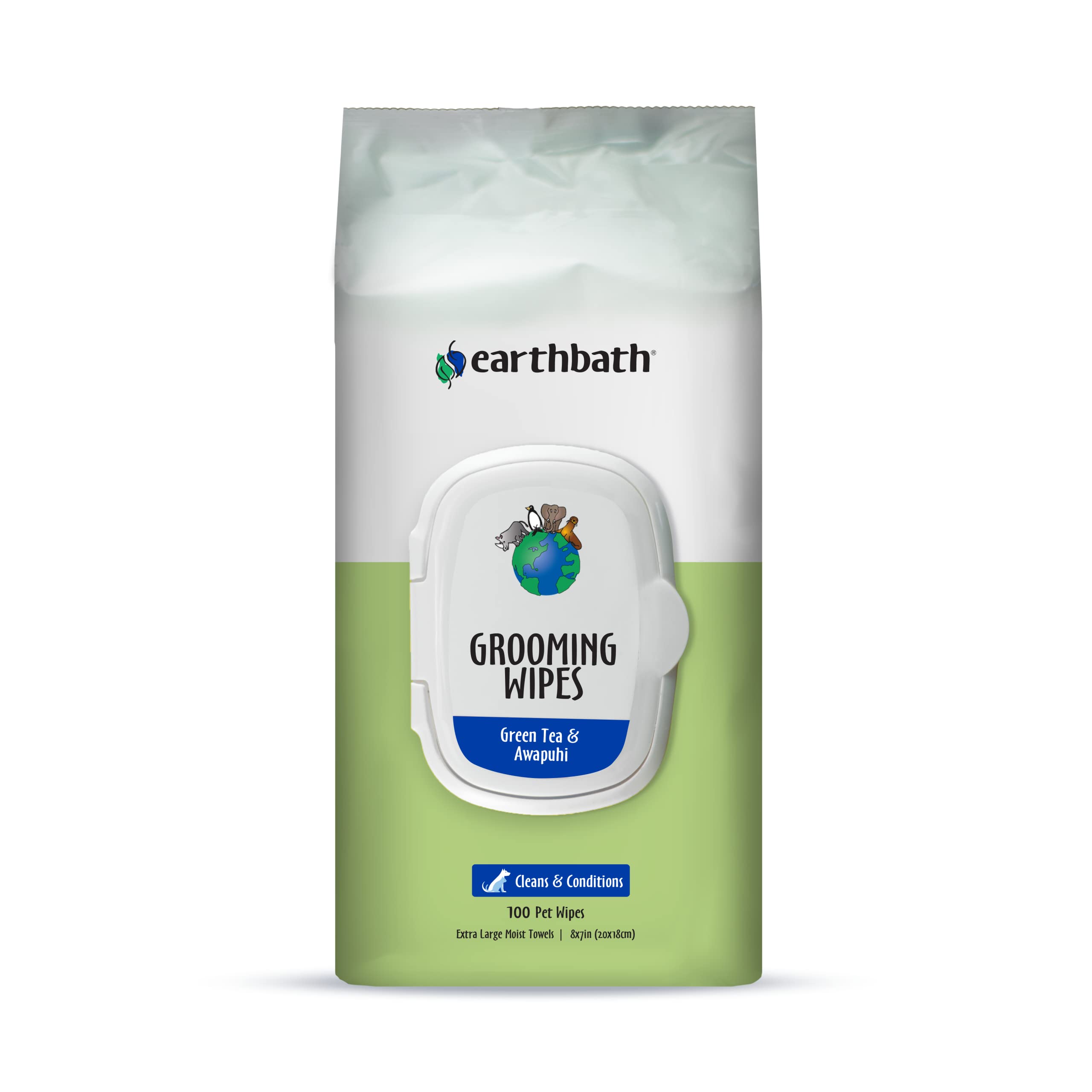 EarthBath Pet Grooming Wipes for Dogs & Cats - 100 Count Aloe Vera & Vitamin E Wipes for Cleaning Dirty Paws, Undercoat & Odor - Natural Green Tea & Awapuhi Formula - Perfect for Post-Walk Cleanups, Travel & Quick Freshen Ups