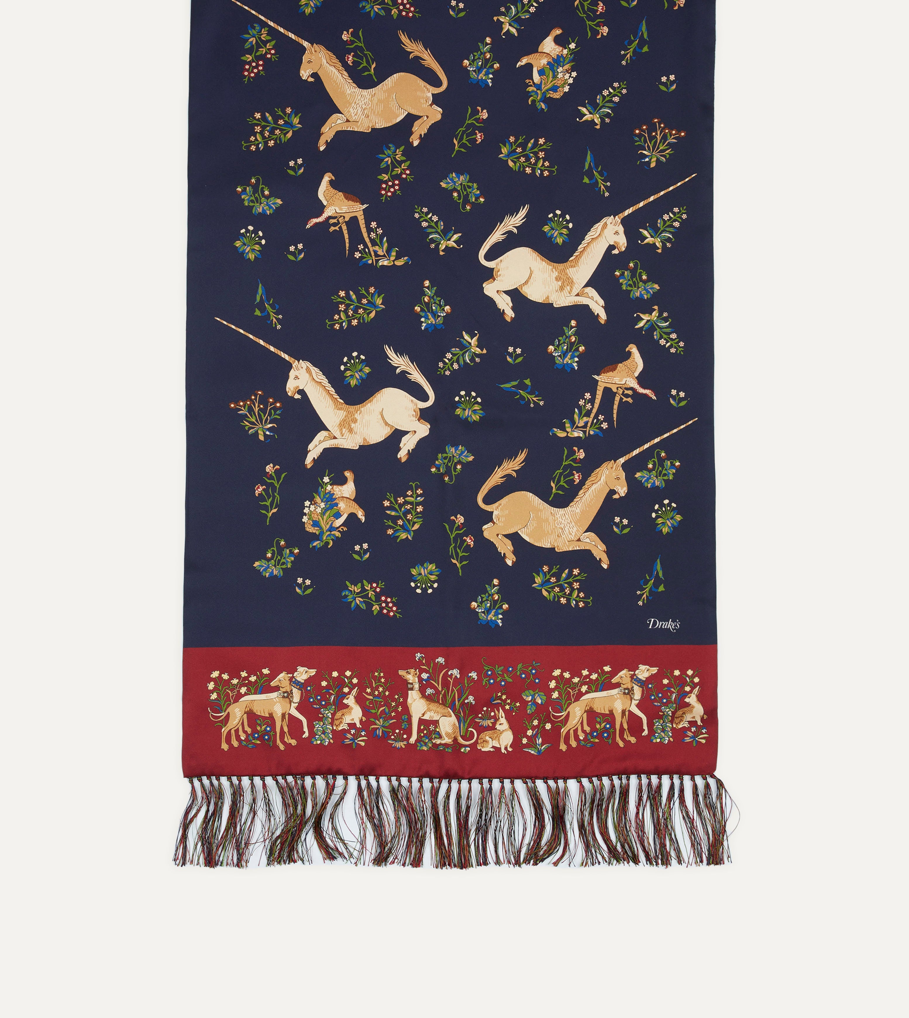 Navy Blue Unicorn Print Silk Scarf with Tassels - Elegant Fashion Accessory for Women, Perfect for Parties, Weddings, and Everyday Wear