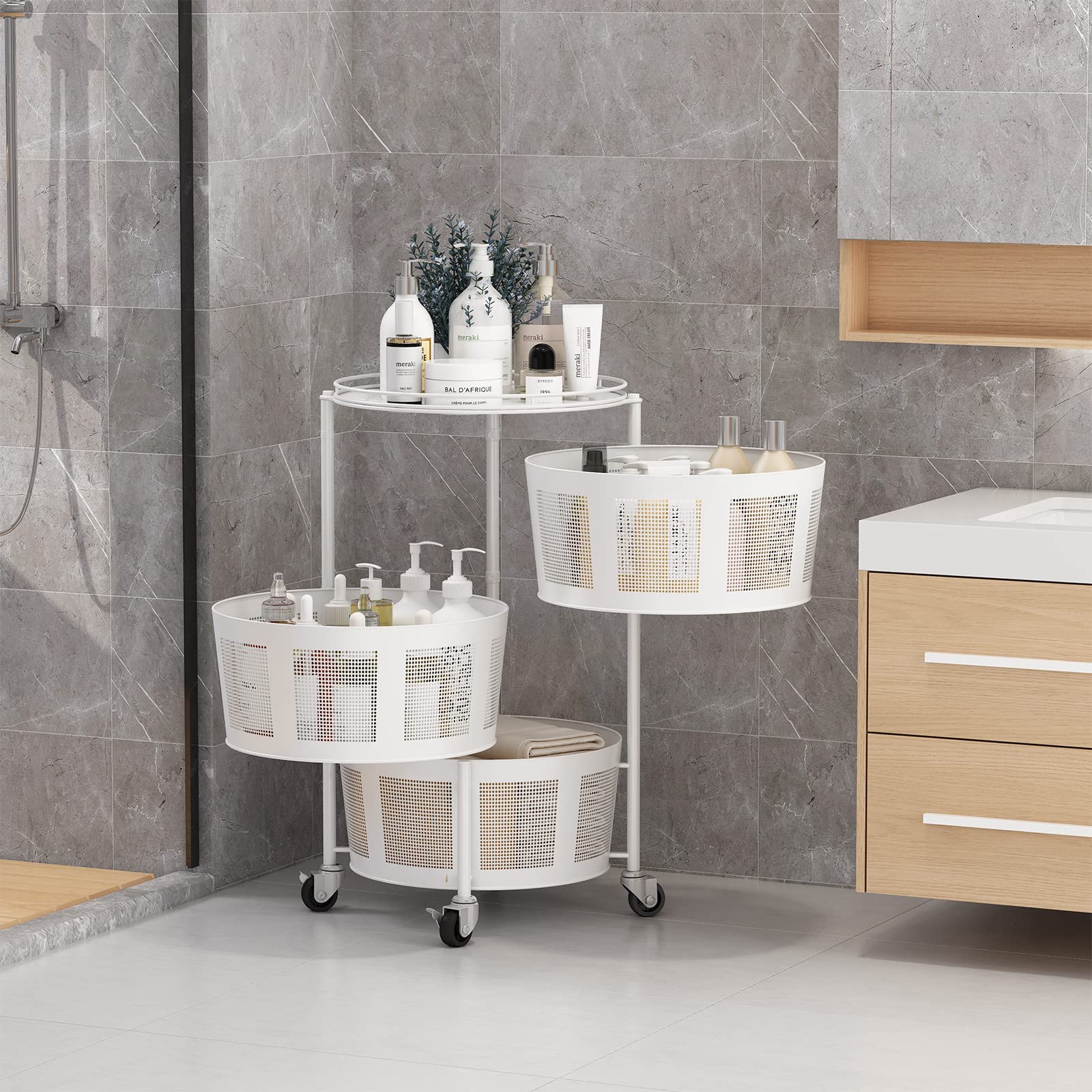 3-Tier Rotating Storage Rack with Wheels - Round Kitchen Organizer Shelf for Vegetables, Fruits & Household Items - Space-Saving Floor Standing Storage Basket for Kitchen, Living Room & Bathroom - White - Perfect for Small Spaces & Clutter-Free Organization