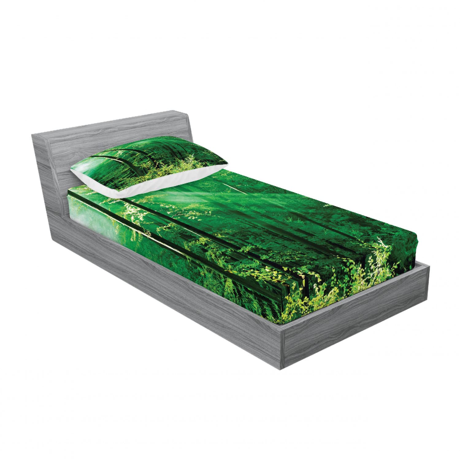 Ambesonne Farmhouse 2-Pack Twin Fitted Sheet & Pillow Sham Set - Forest Trees Morning Design - 4 Piece Bedding Decor (2 Fitted Sheets & 2 Pillow Covers) - Green & White - Perfect for Rustic Bedrooms, Guest Rooms & Cabin Retreats