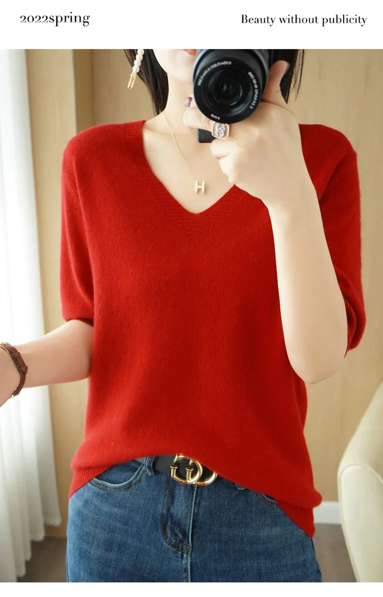 Solid Color V-Neck Half-Sleeve Cashmere Sweater for Women - Soft Thin Knit Casual Top for Office Wear & Fall Layering