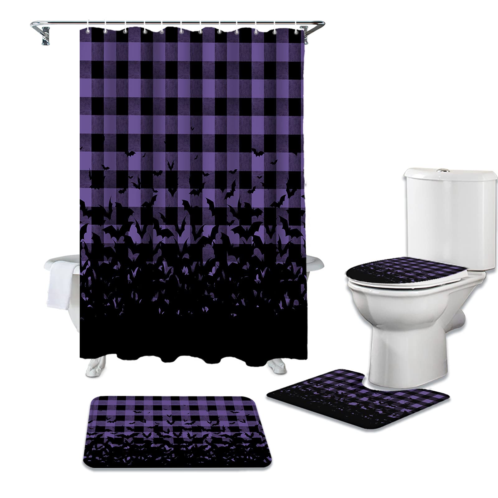 Queenker 4-Piece Halloween Shower Curtain Set - Spooky Bats on Buffalo Plaid Purple & Black Bathroom Decor with Non-Slip Rug, Toilet Lid Cover & Waterproof U-Shaped Mat | Perfect for Halloween Bathroom Makeover & Gothic Home Decor