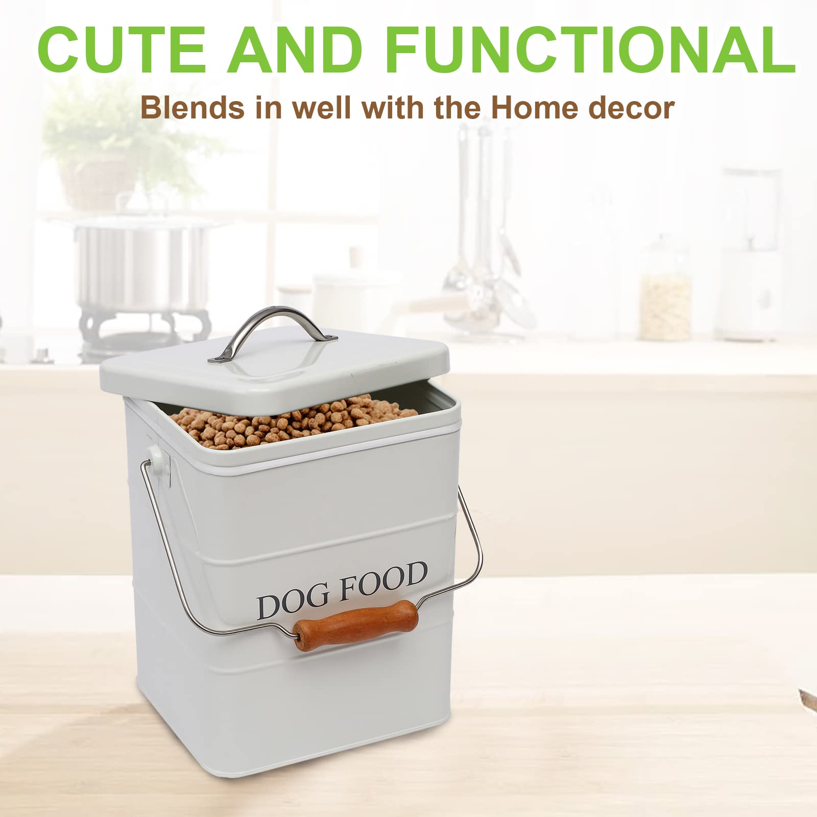 Airtight Metal Dog Food Storage Container with Wooden Handle & Scoop - Holds 5-6 lbs of Kibble, Treats & Biscuits - Perfect for Kitchen Pantry Organization & Pet Food Freshness - White