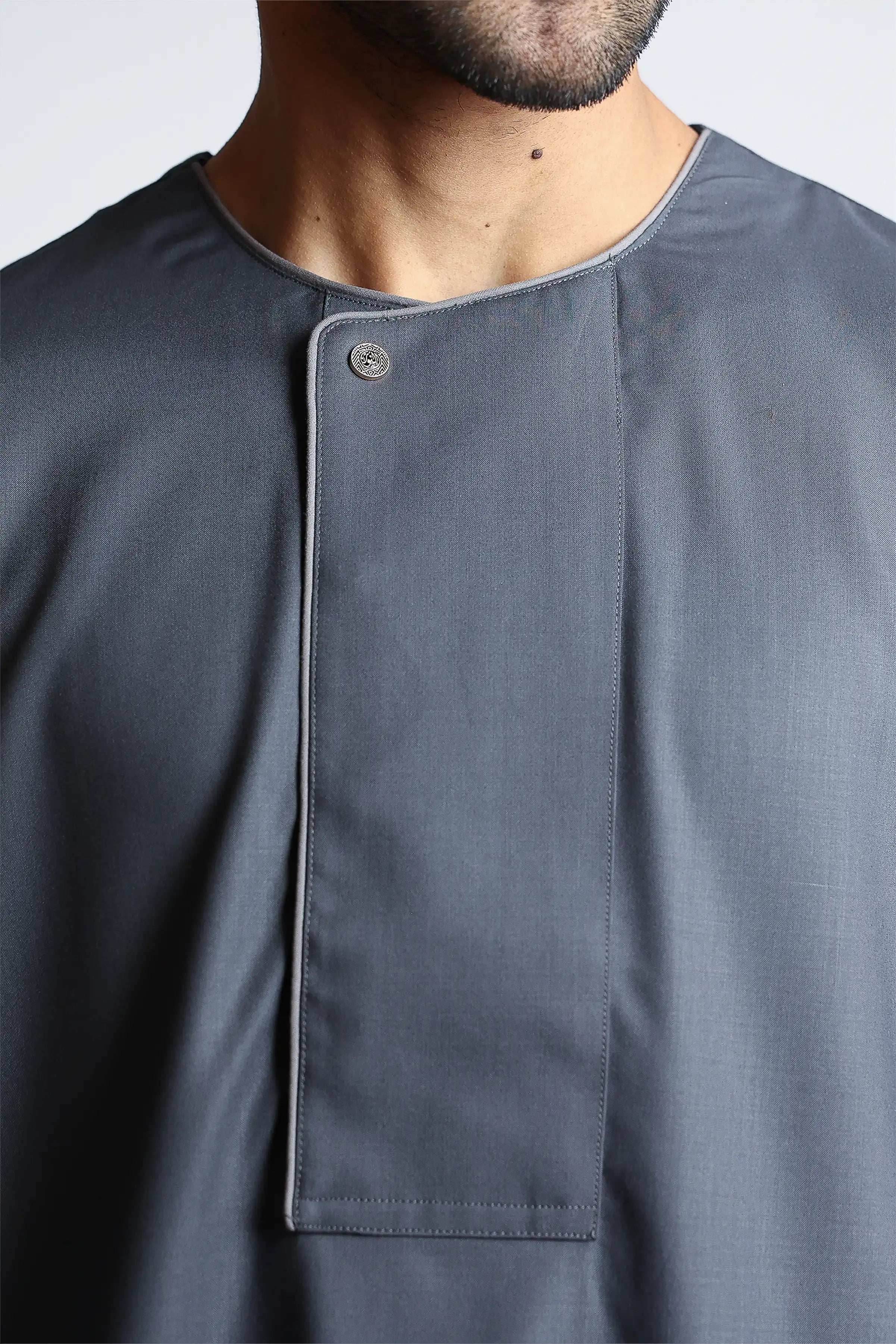 J144 Dusty Grey Boys Piping Thobe - Traditional Islamic Robe for Kids - Perfect for Eid, Mosque & Special Occasions