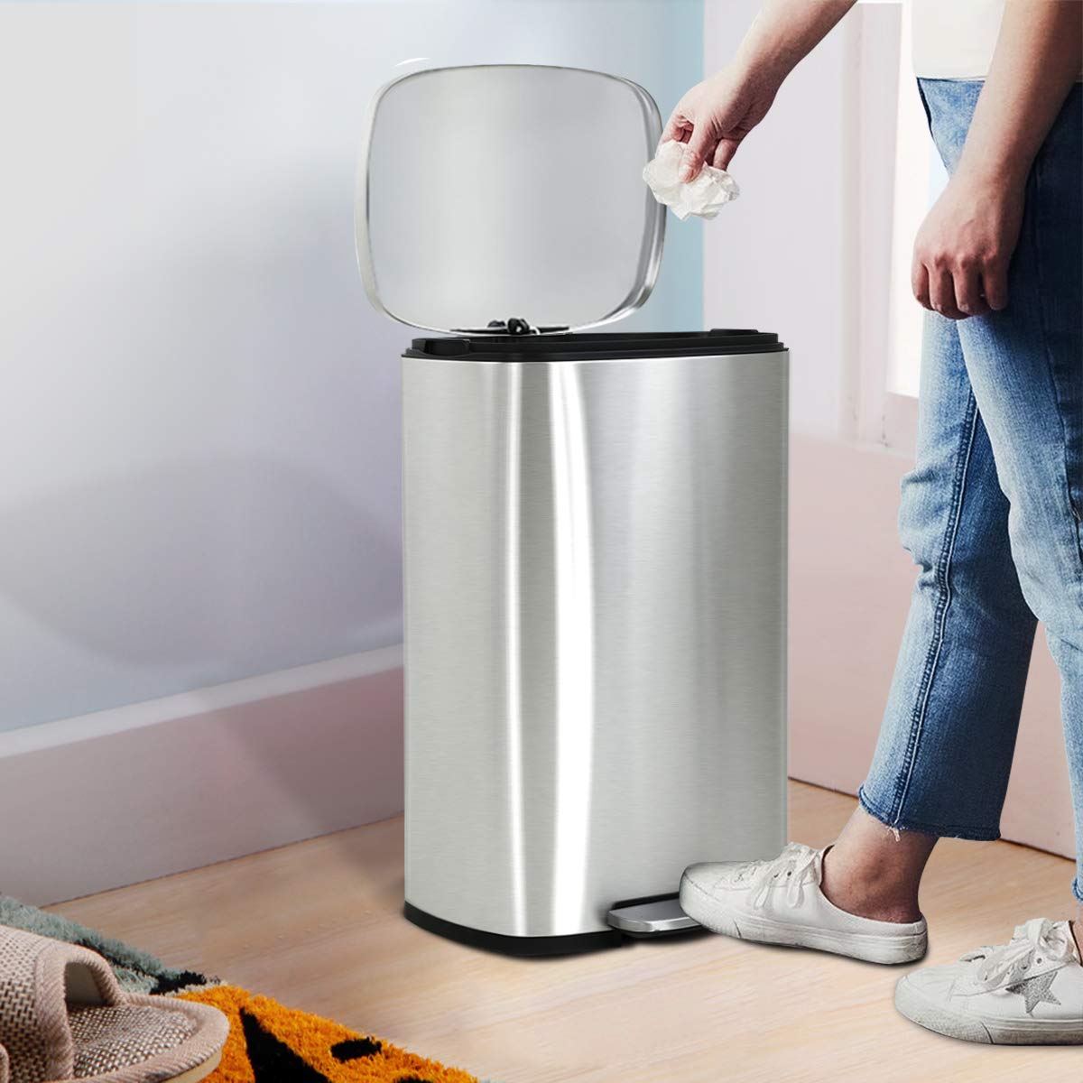 Stainless Steel 13 Gallon Step Trash Can with Foot Pedal - 50L Anti-Fingerprint Kitchen Garbage Bin with Liner - Ideal for Living Room, Bedroom, Bathroom & Office Waste Disposal