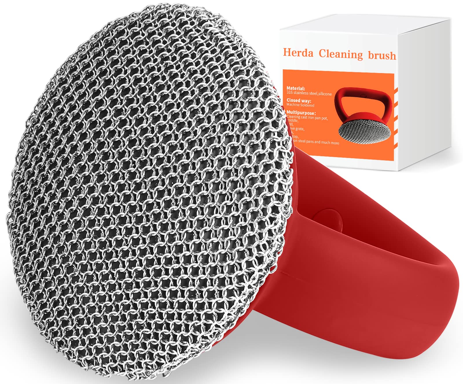 Heavy Duty Cast Iron Cleaner Brush with 3mm Fine Chain Mail Scrubber - Stainless Steel Pan Pot Scrubber for Skillet, Cast Iron Griddle, Dutch Oven - Perfect for Camping, Outdoor Cooking & Kitchen Cleaning