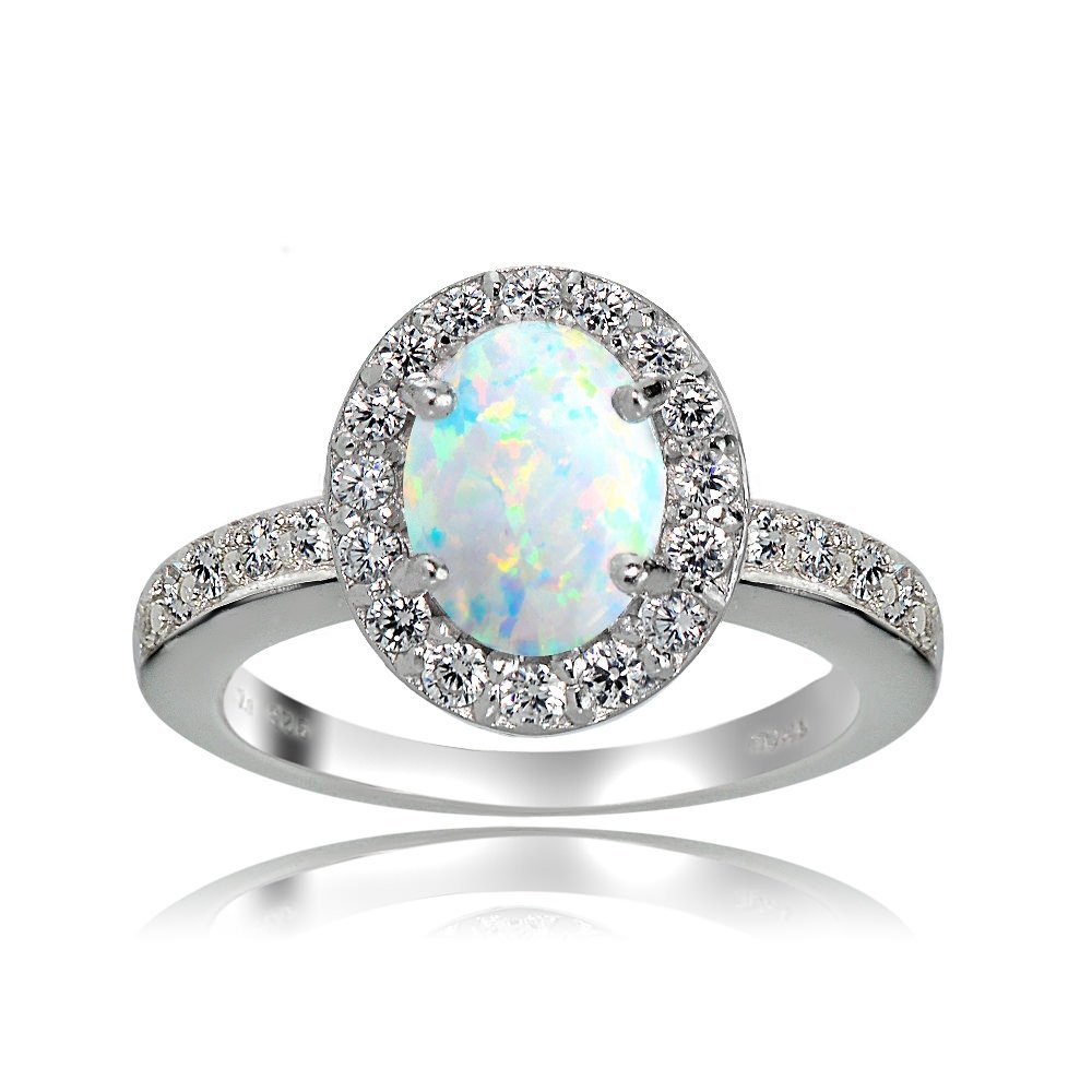 Stunning Ice Gems Sterling Silver Halo Ring with Created Opal & White Topaz | Oval Cut Engagement Ring for Women, Wedding, Anniversary & Special Occasions
