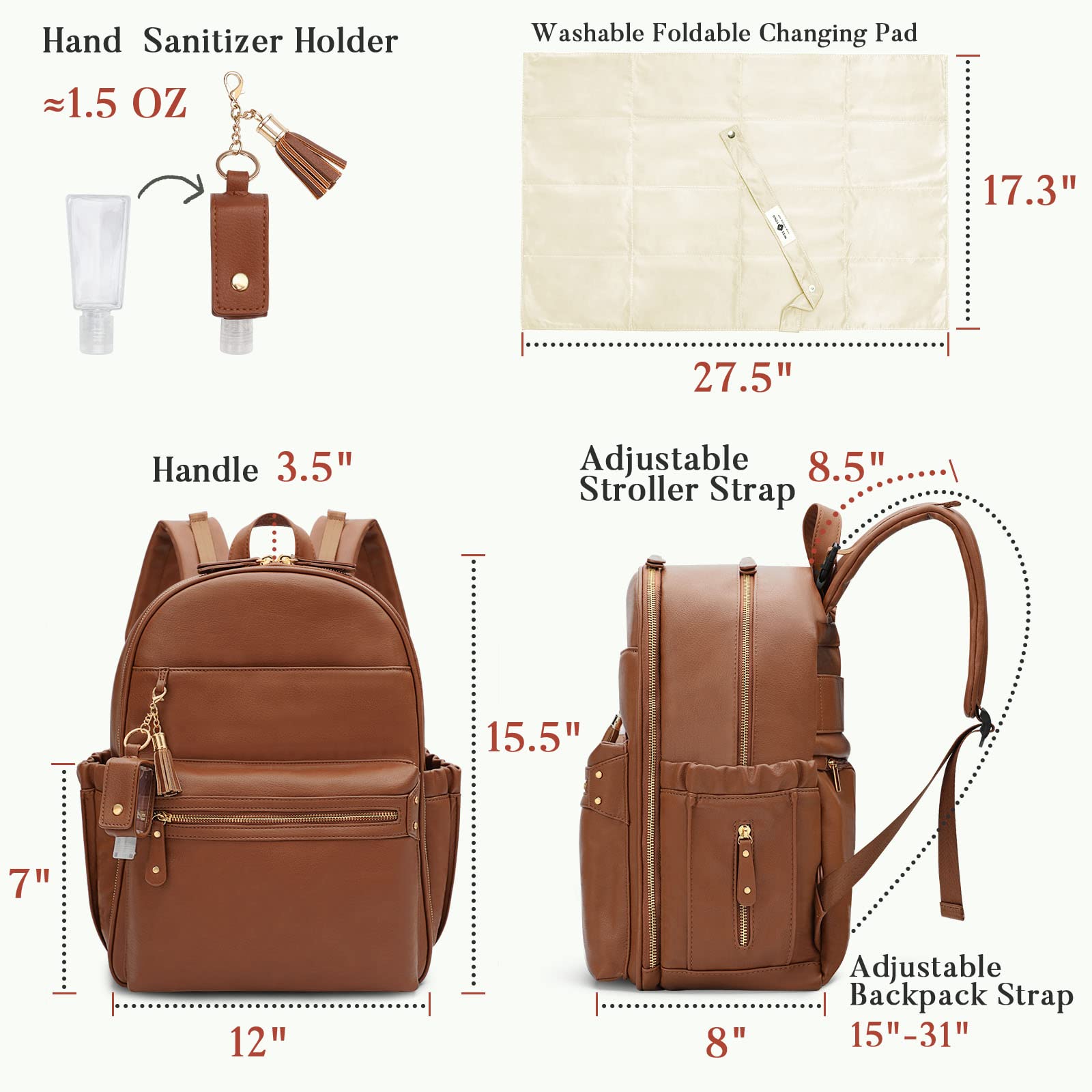 Premium Leather Diaper Backpack for Moms - Large Waterproof Baby Bag with Changing Pad & Stroller Straps | Multi-Functional Travel Backpack for Parenting, Outings & Family Trips (Brown)