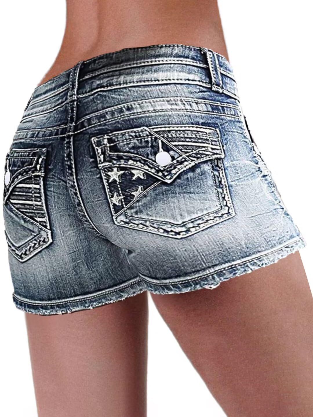Flamingals Women's Denim Jean Shorts - Mid Waist Skinny Stretchy Casual Summer Shorts with Raw Hem | Perfect for Beach, Vacation & Everyday Wear