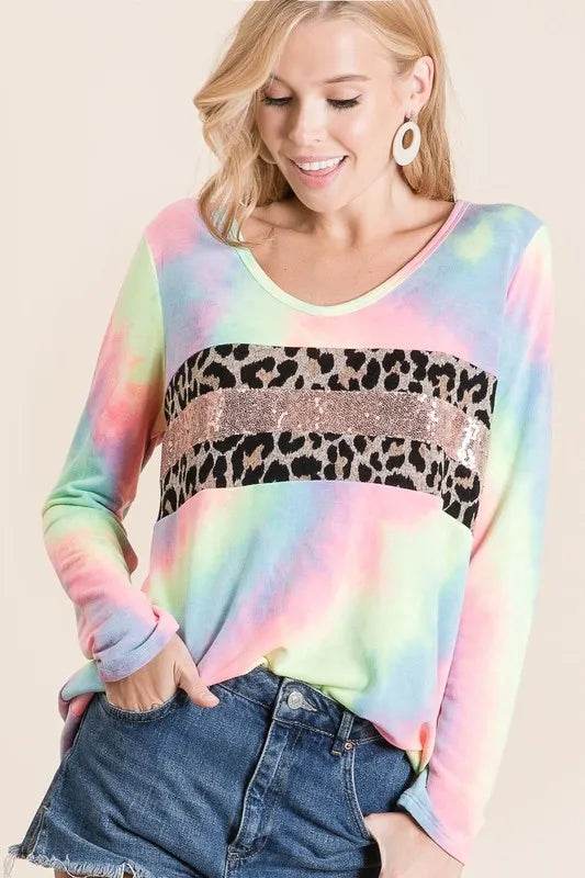 BiBi Tie Dye Deep U Neck Top with Leopard & Sequins - Trendy Women's Fashion Blouse for Party, Club, and Casual Wear