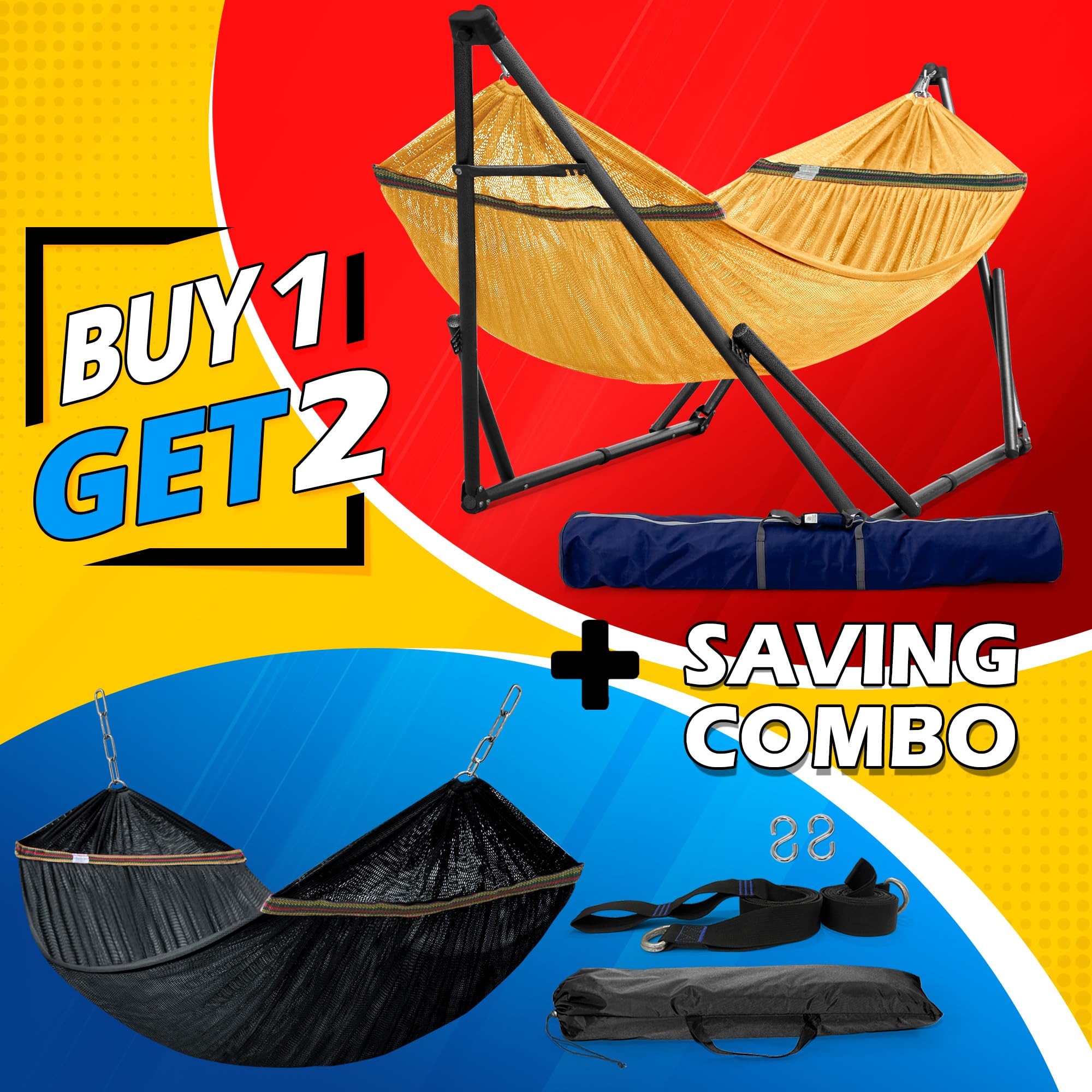 Premium 2-Person Hammock Set with Heavy Duty Stand & Tree Straps - 600lb Capacity for Indoor, Outdoor, Patio & Backyard Use - Includes 2 Hammocks & Portable Carrying Bags (Yellow) - Perfect for Relaxation, Camping, and Backyard Lounging