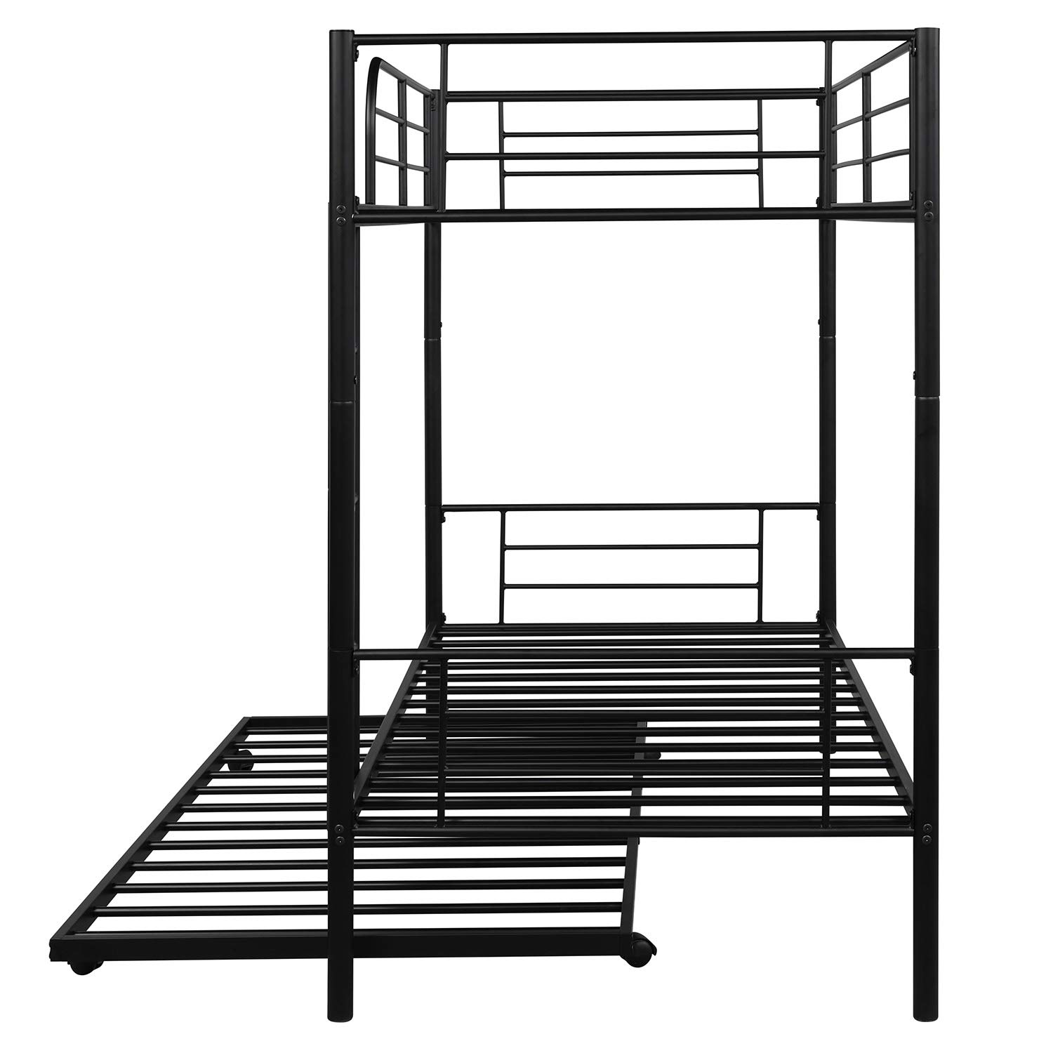 KLMM Twin Over Twin Metal Bunk Bed with Trundle - Heavy Duty Steel Frame, Convertible to 2 Separate Beds, Guardrails & Ladder Included - No Box Spring Required (Black) | Perfect for Kids' Bedrooms, Guest Rooms & Small Spaces
