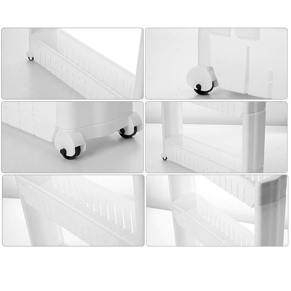 4-Tier Slim Plastic Storage Organizer with Wheels - White | Space-Saving Shelf for Bathroom, Kitchen, or Closet Organization | Ebee Home Storage Solution