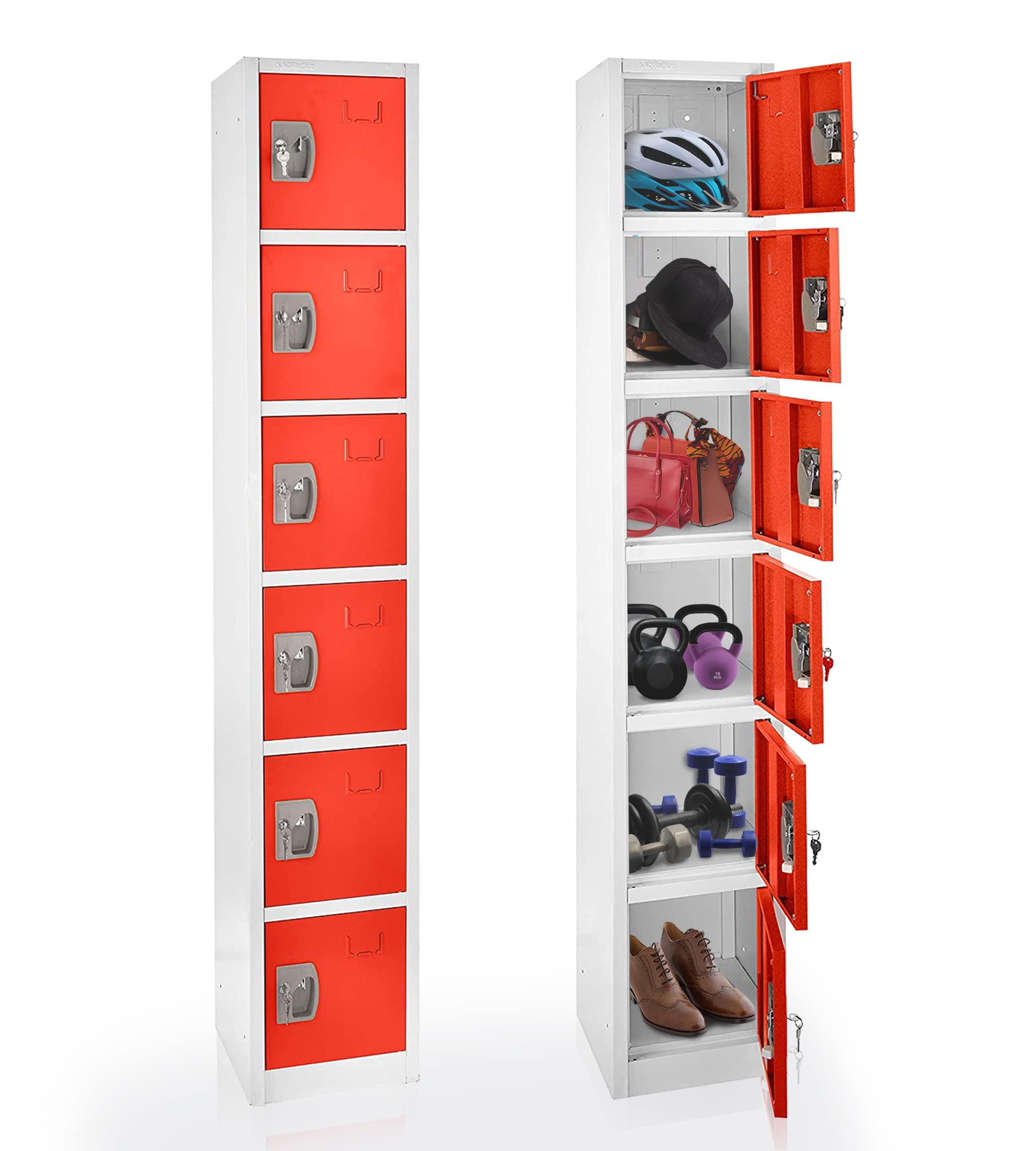 AdirOffice Large 6-Door School Locker with Hooks - Heavy Duty Metal Storage Cabinet for Garage, Office & Classroom Organization (Red) - Perfect for School Supplies, Sports Equipment & Tool Storage