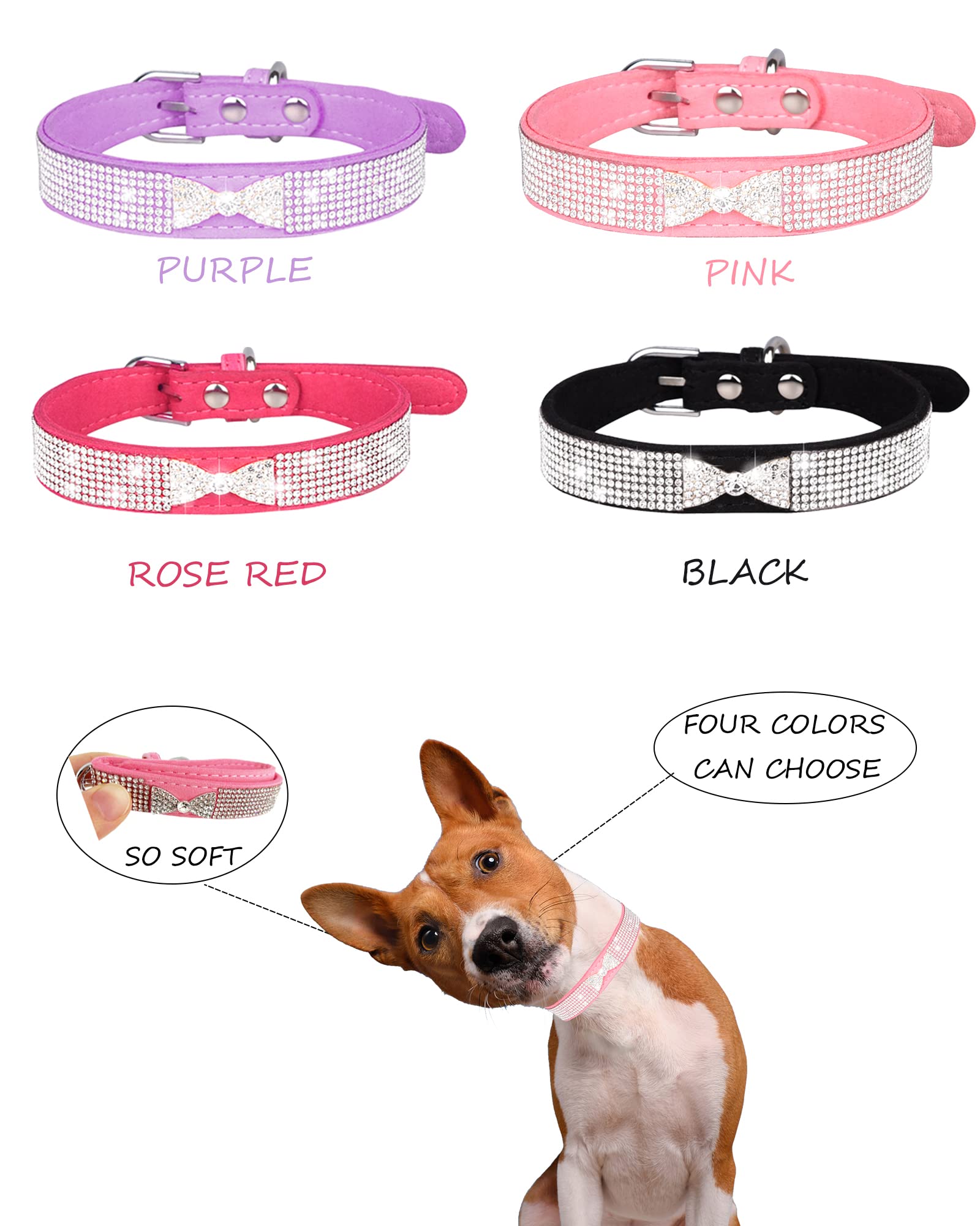 Adjustable Leather Suede Bling Dog Collar with Rhinestones - Pink & Black Small Dog Collar for Puppies & Cats | Perfect for Daily Walks, Pet Grooming & Special Occasions