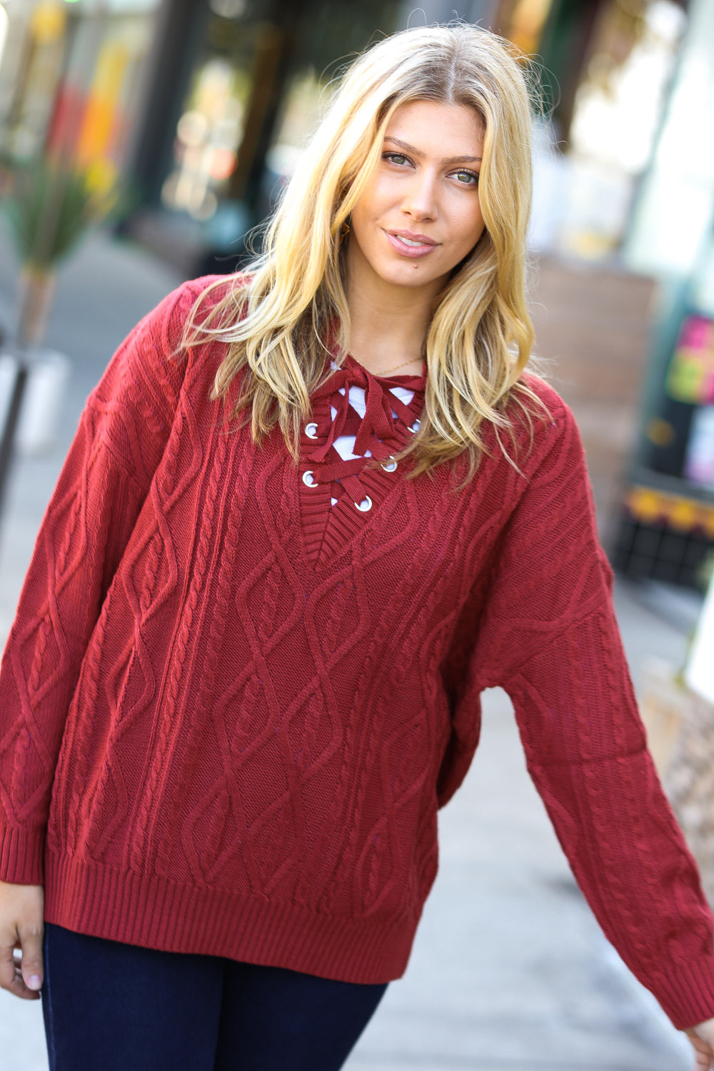 Fall Vibes Rust Cable Knit Lace-Up V-Neck Sweater for Women | Cozy Autumn Pullover | Perfect for Pumpkin Patch, Thanksgiving & Date Nights