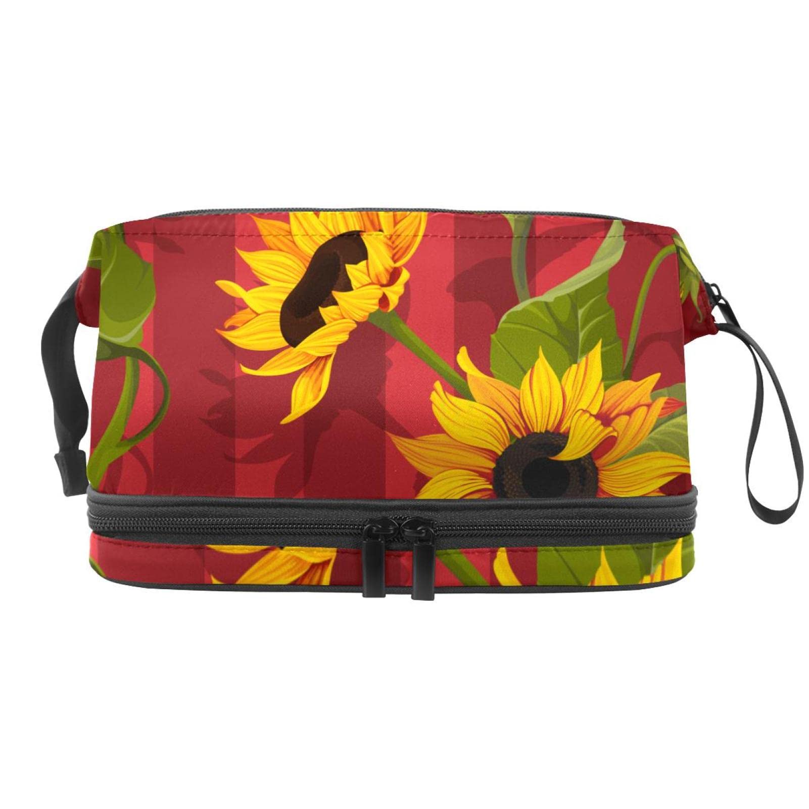 Large Makeup Bag for Women Travel - Waterproof Cosmetic Organizer with Modern Stripe Sunflower Design, Toiletry Bag for Makeup Brushes & Skincare Products (Perfect for Travel, Gym & Daily Use)