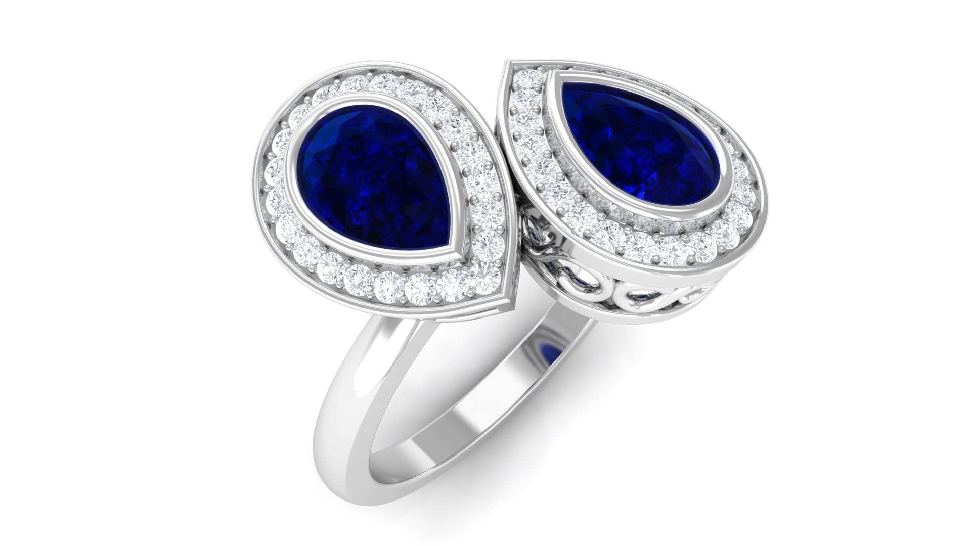 Exquisite 14K Solid Gold Created Blue Sapphire & Moissanite Halo Ring - Two Stone Bezel Set Engagement Ring for Women, Perfect for Weddings, Anniversaries & Special Occasions