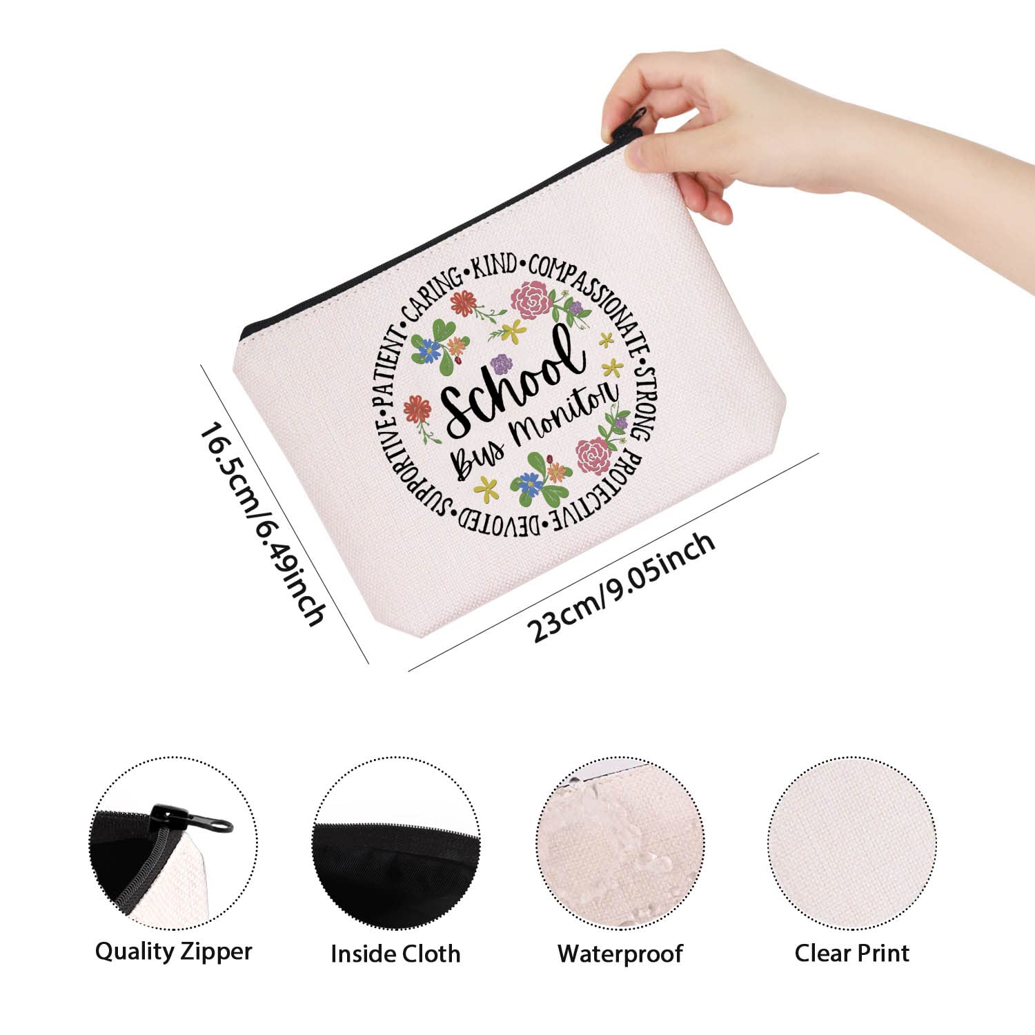 TSOTMO School Bus Monitor Gift - Beige Zipper Pouch & Makeup Bag for School Staff | Perfect Back to School Gift, Teacher Appreciation Present & Daily Essentials Organizer