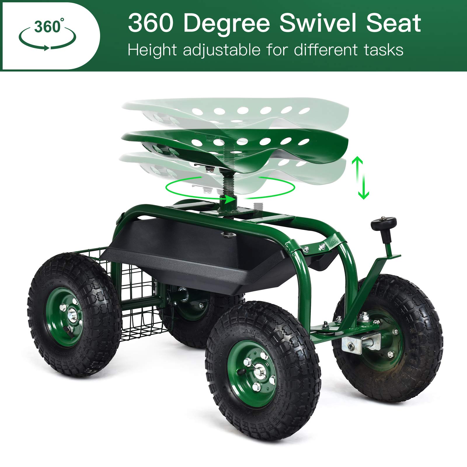 **Giantex Heavy Duty Garden Cart with Seat - Rolling Garden Stool with Wheels & Tools Basket, 360° Swivel Adjustable Height Gardening Work Seat - Outdoor Wagon Scooter for Lawn, Yard, Patio & Gardening (Green)**    *(Perfect for planting, weeding, harvesting, and outdoor relaxation - ideal for seniors and gardeners!)*
