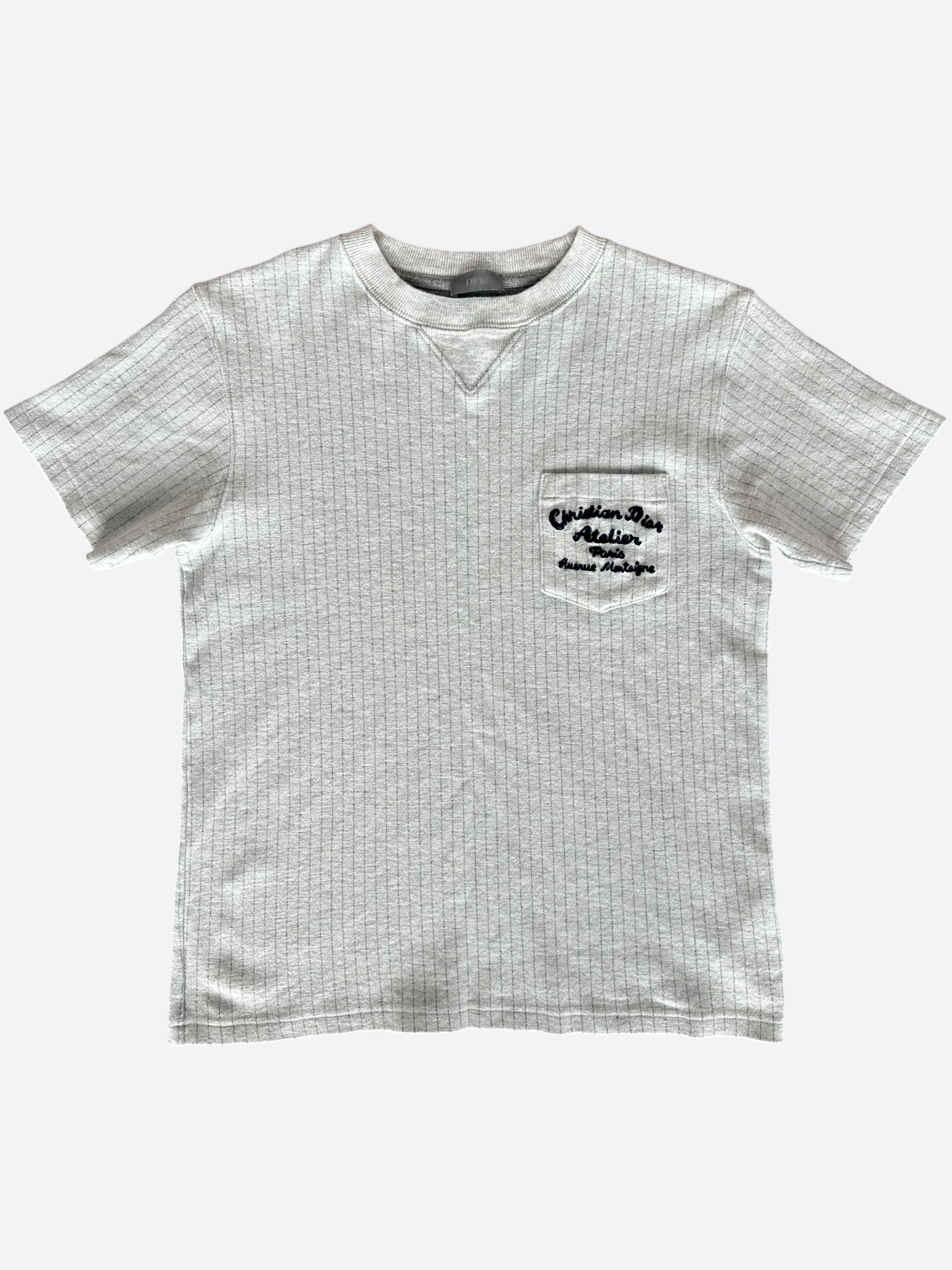 Dior Grey Pinstripe Atelier Embroidered Logo T-Shirt for Men - Luxury Designer Cotton Tee for Casual Wear & Street Style Fashion