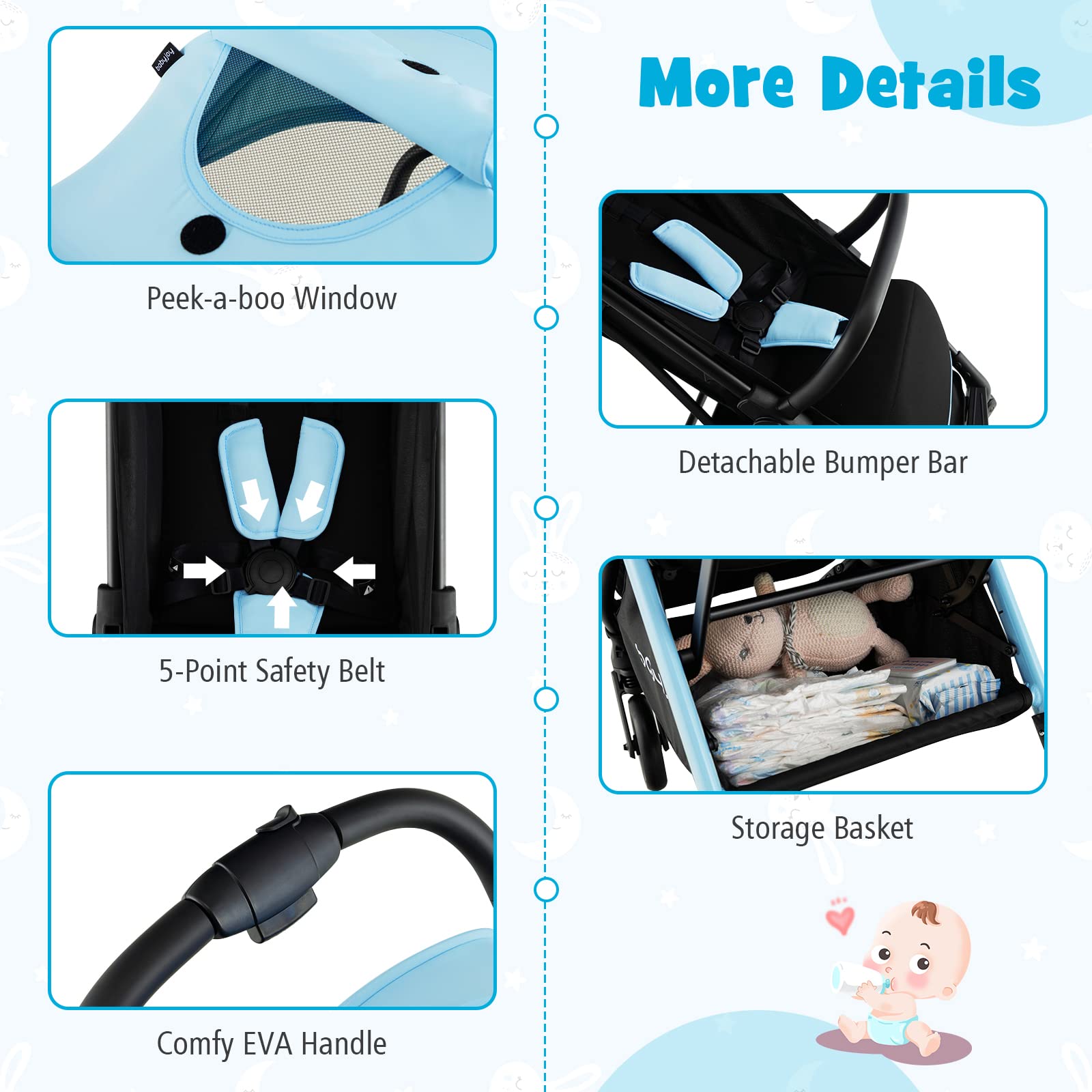 BABY JOY Lightweight Compact Travel Stroller for Airplane - Adjustable Backrest & Canopy, Storage Basket, Self Standing Gravity Fold, Aluminum Frame Baby Stroller for Infants & Toddlers (Blue) - Perfect for Air Travel, Shopping & Daily Walks