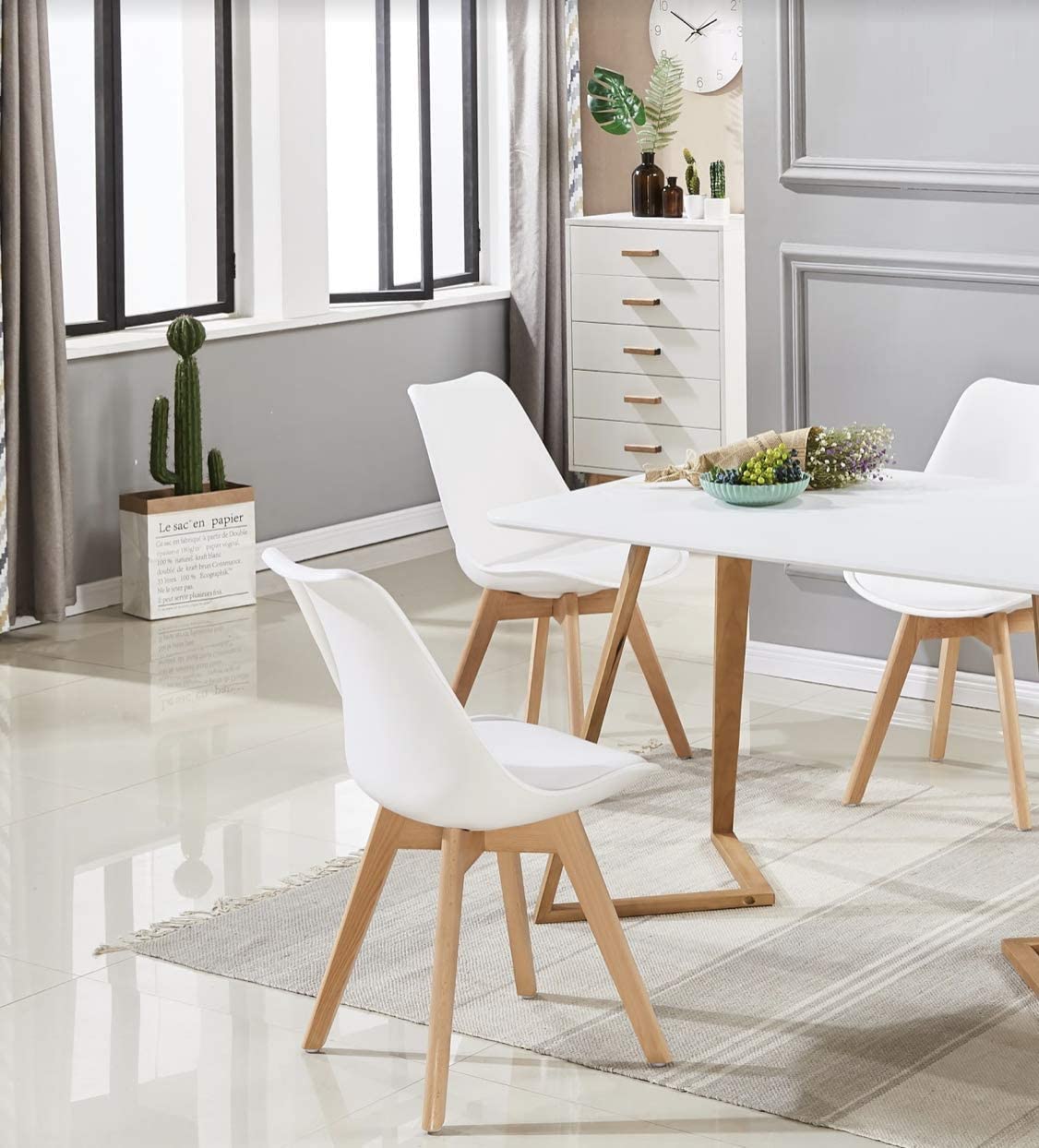Scandinavian Modern Dining Chairs Set of 4 - Solid Beech Wood Legs with Padded Upholstered Seats in White - Perfect for Kitchen, Dining Room or Breakfast Nook