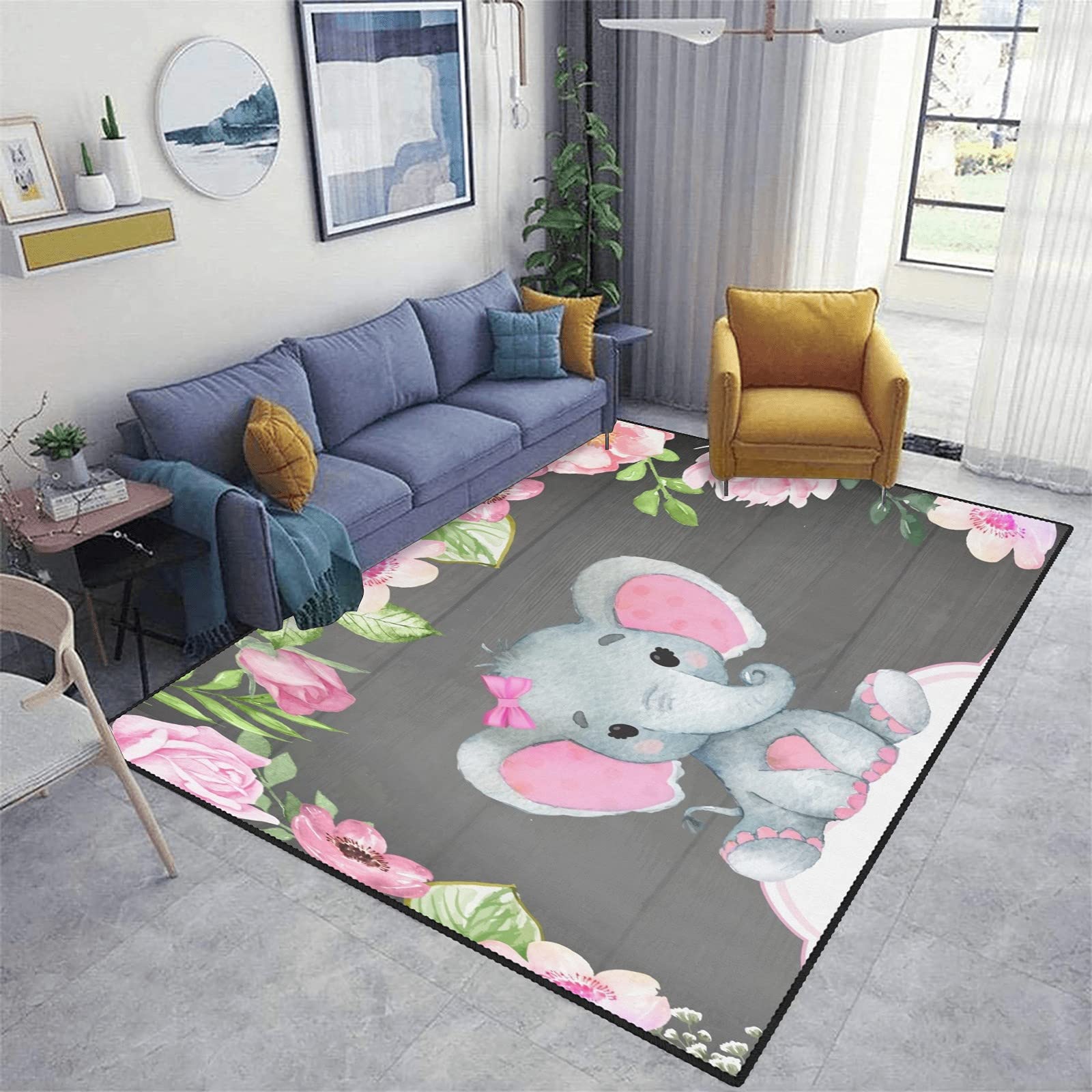 Elephant Baby Rug 4'x5.2' - Soft Nursery Play Mat for Kids Bedroom & Living Room, Indoor/Outdoor Use