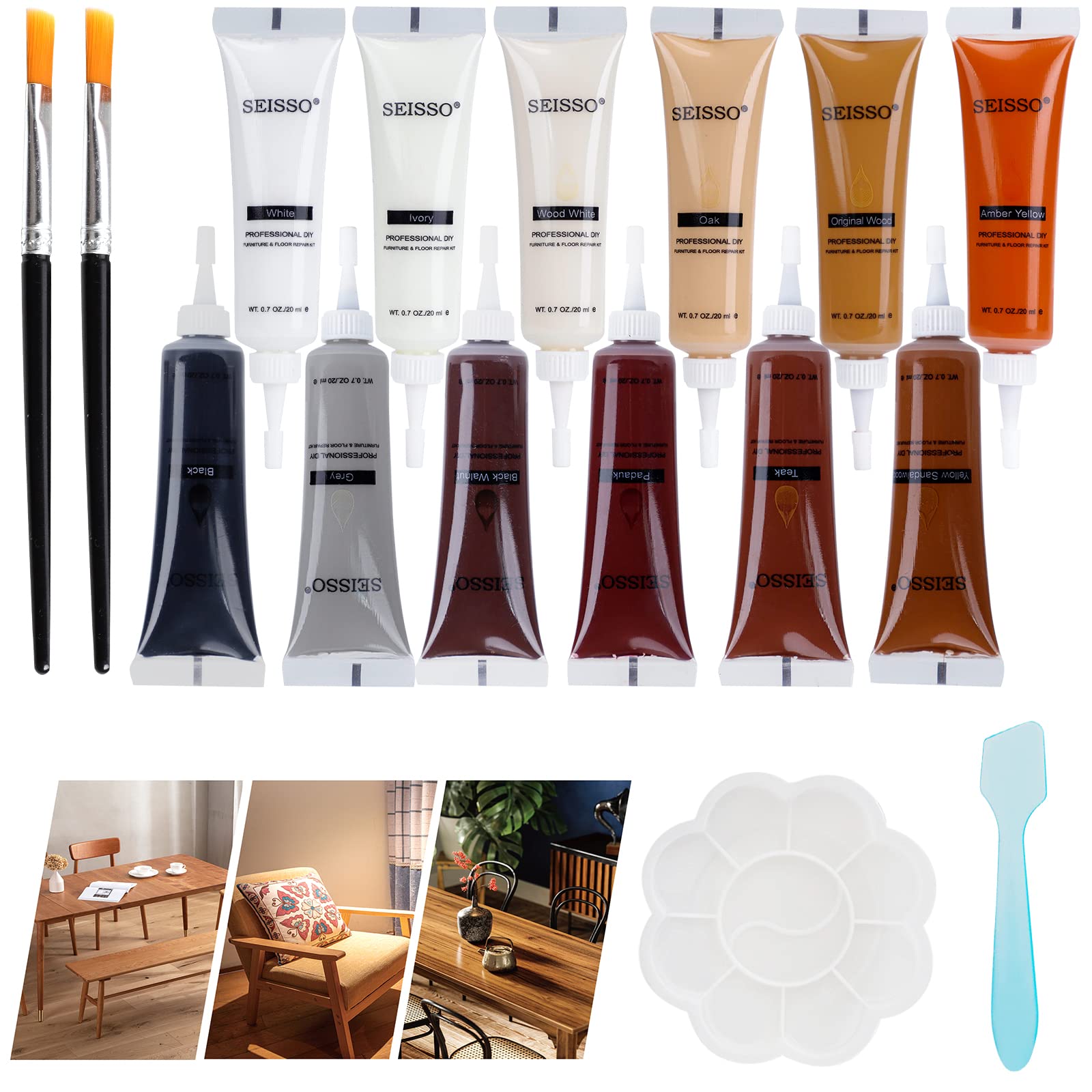 SEISSO 12 Colors Wood Scratch Repair Kit - Wood Filler Putty for Furniture, Vinyl Floors, Hardwood Scratches, Cracks & Holes - Table, Door & Floor Restoration Kit - Perfect for Home, Office & DIY Projects
