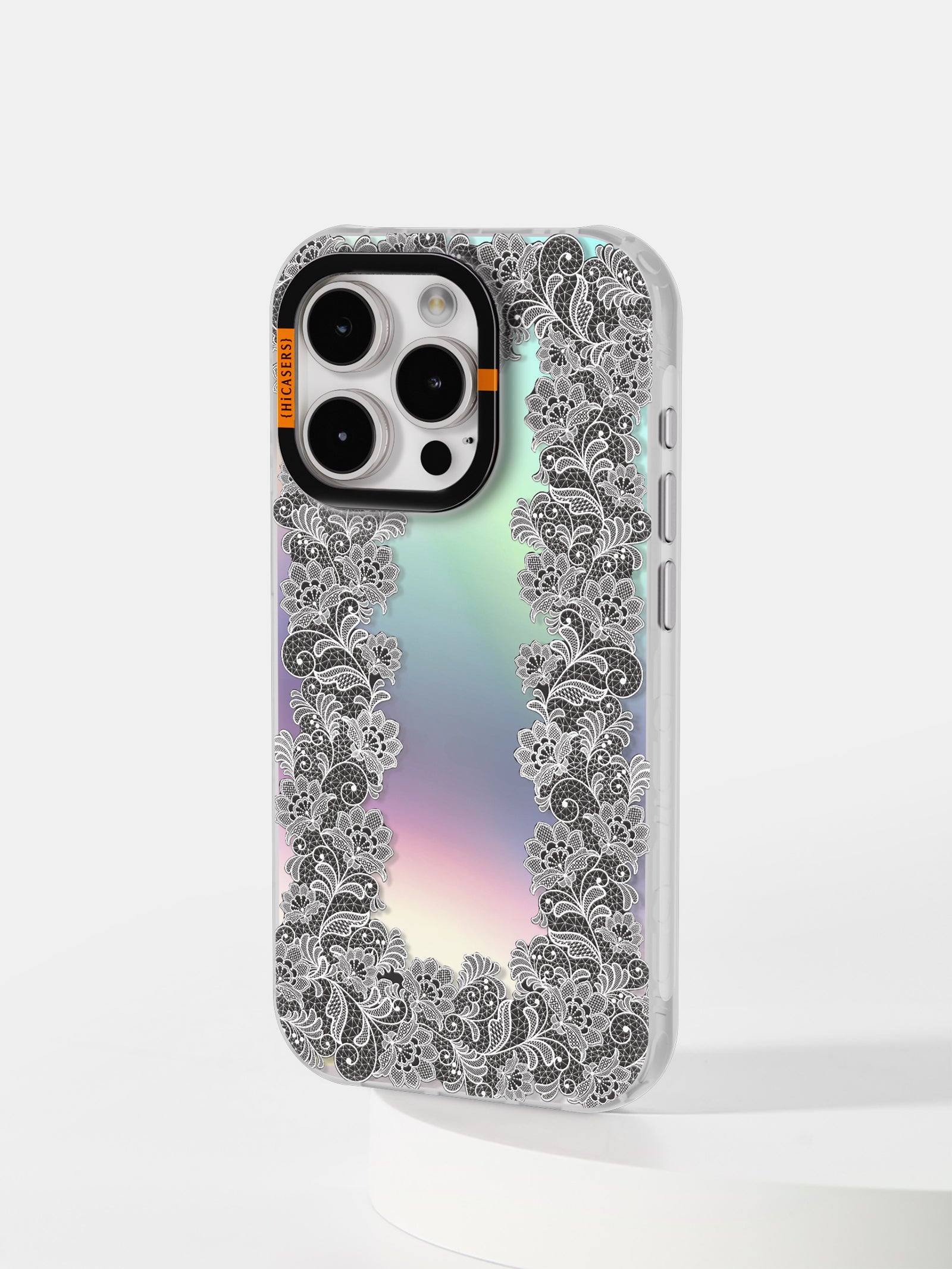 Graceful Me Lace Frame Iridescent Mirror Case - Elegant Black Phone Cover for iPhone & Samsung - Perfect for Parties, Weddings & Special Occasions