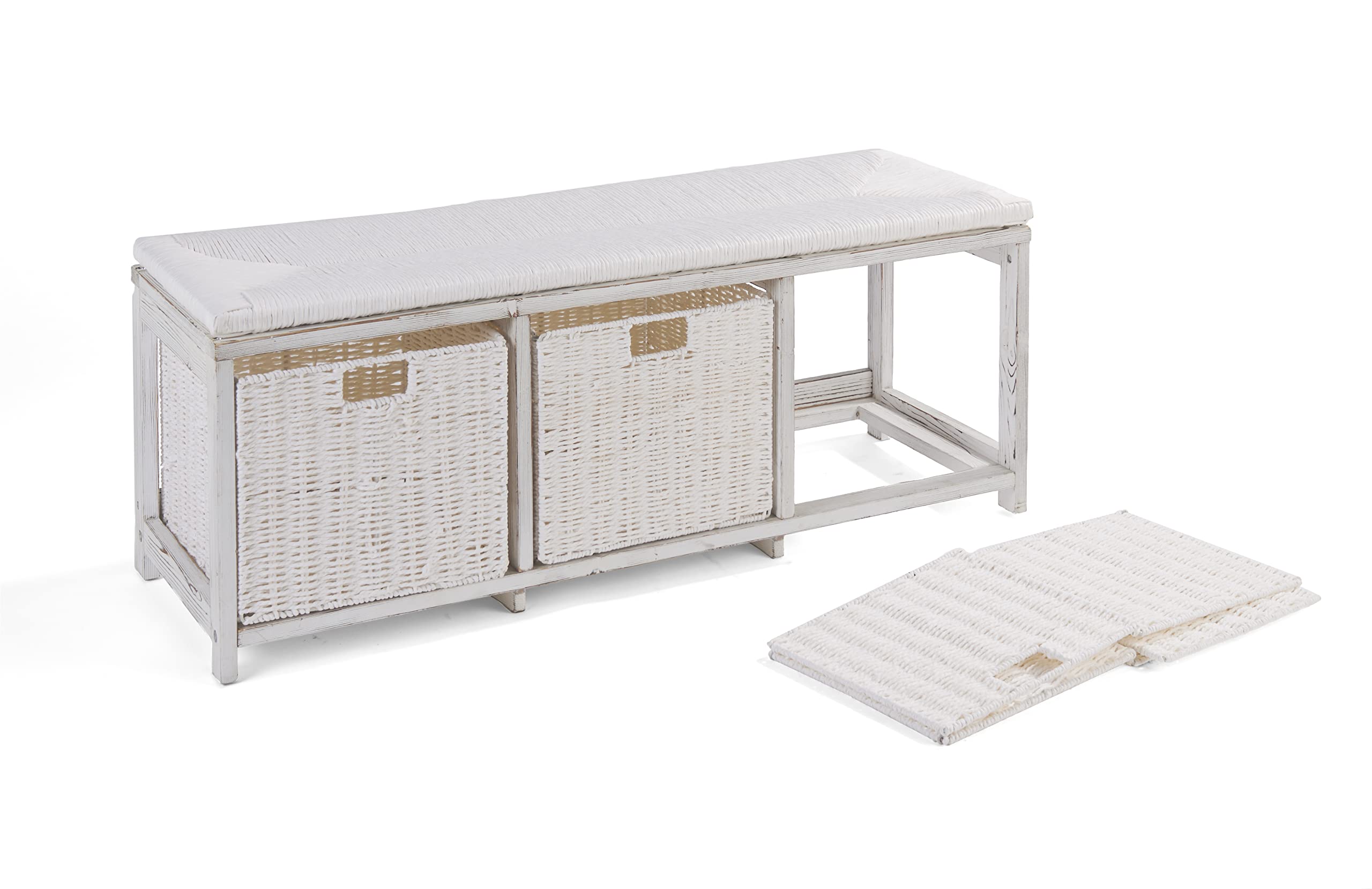Badger Basket White Toy Storage Bench for Kids with Woven Top & 3 Collapsible Baskets - Perfect for Nursery, Playroom & Bedroom Organization