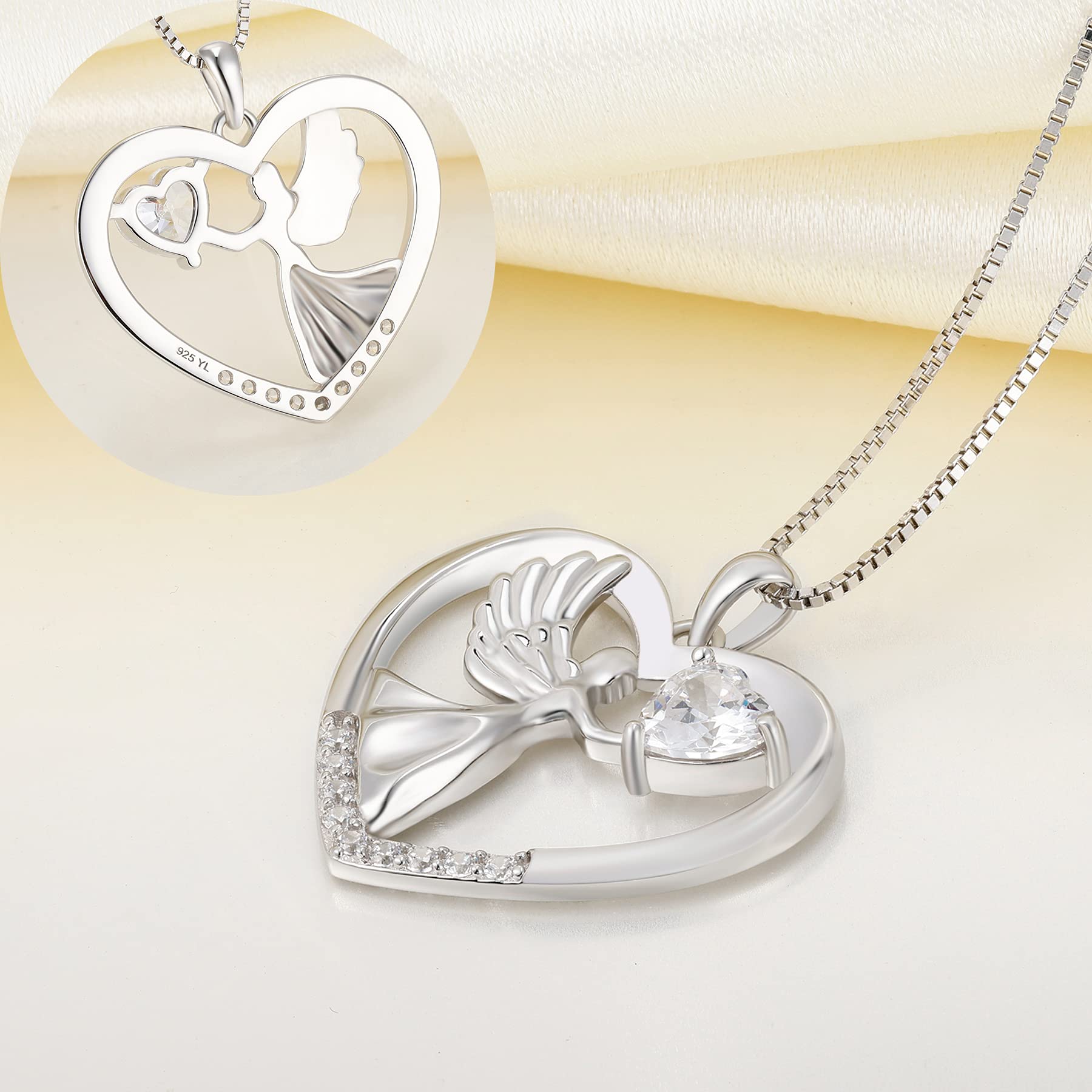 YL Sterling Silver Heart Necklace with Angel Wings & Birthstone Pendant - Elegant Love Jewelry for Women | Perfect Gift for Valentine's Day, Anniversary & Mother's Day