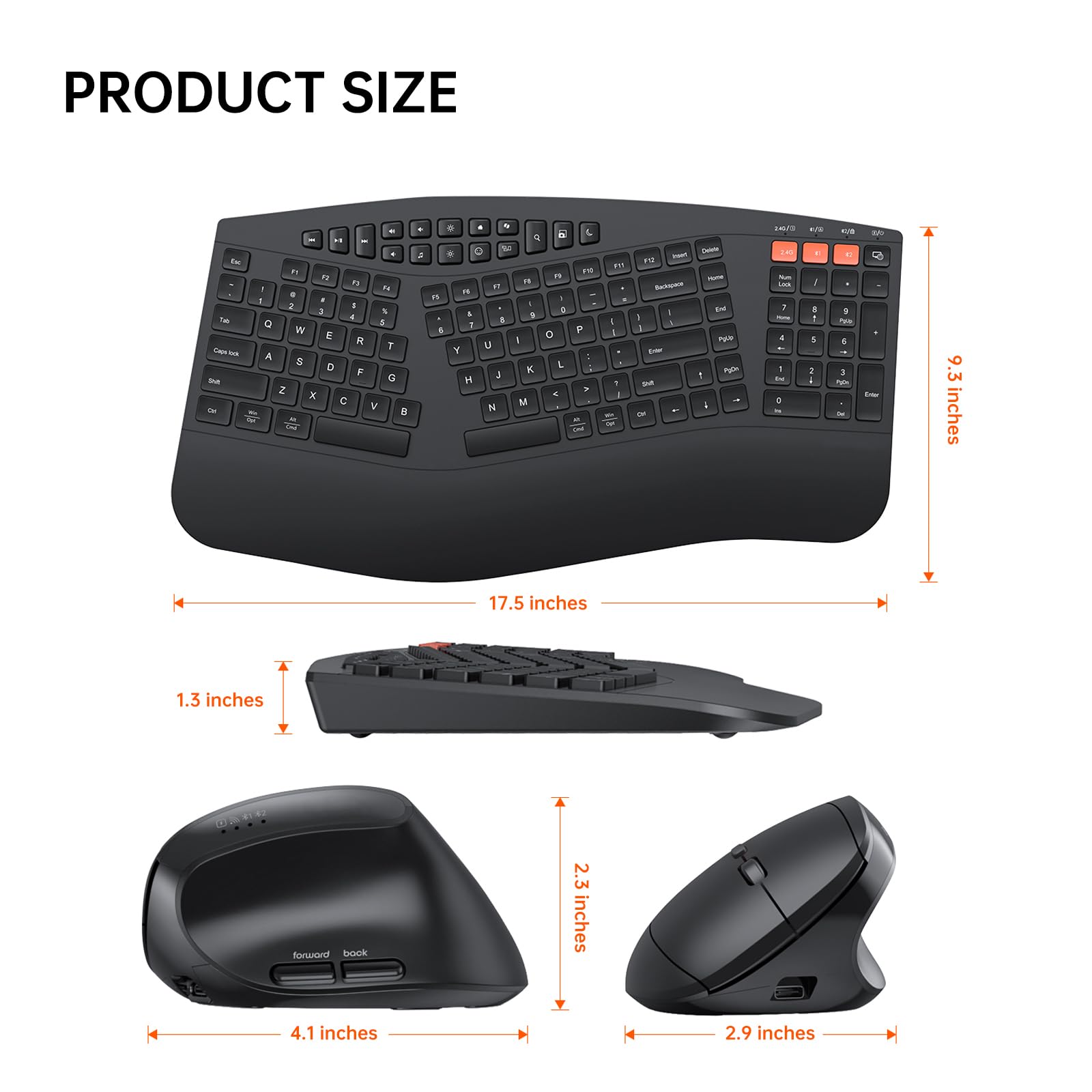 Ergonomic Wireless Keyboard and Mouse Combo - Silent Vertical Mouse with Cushioned Wrist Rest, 2.4G & Bluetooth Dual-Mode for PC/Mac (Black) - Perfect for Office Work, Gaming & Long Typing Sessions