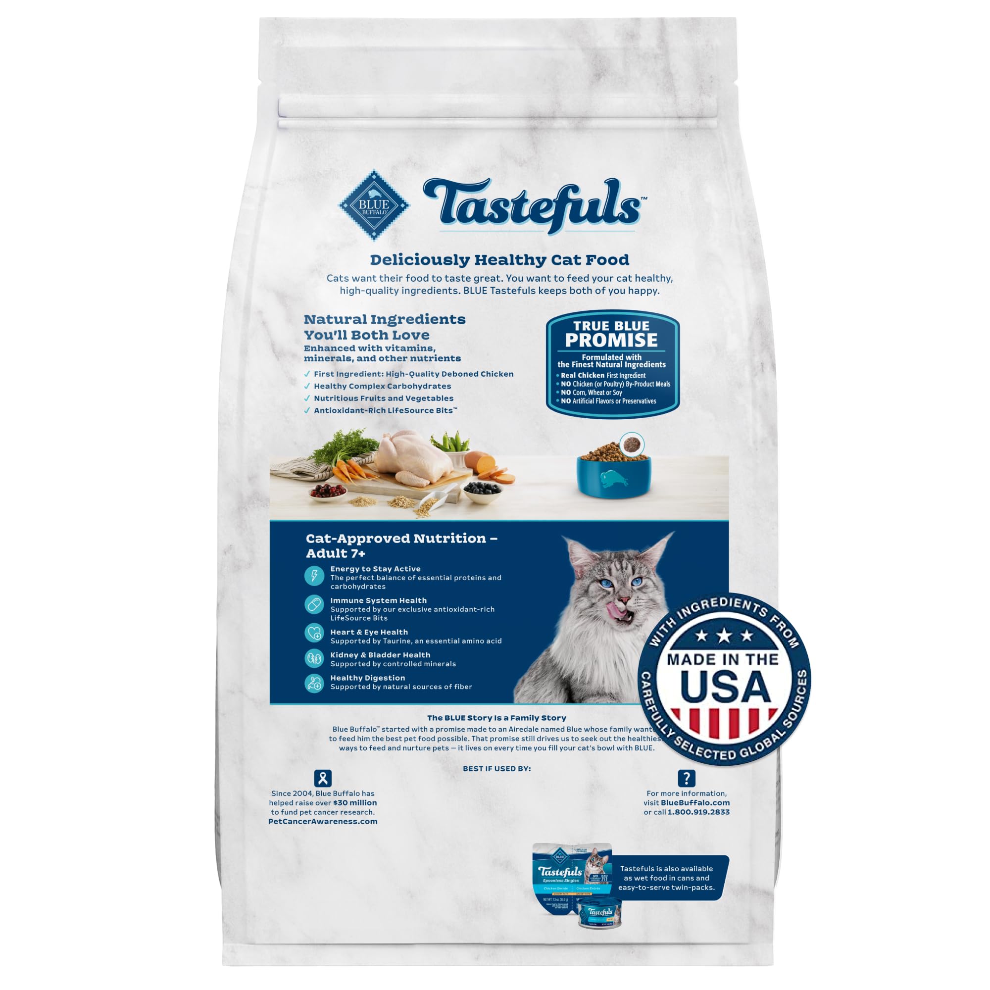 Blue Buffalo Tastefuls Mature Dry Cat Food for Adult Cats 7+ Years - Natural Chicken & Brown Rice Recipe - Made in USA - 3 lb Bag - Perfect for Senior Cats with Sensitive Stomachs