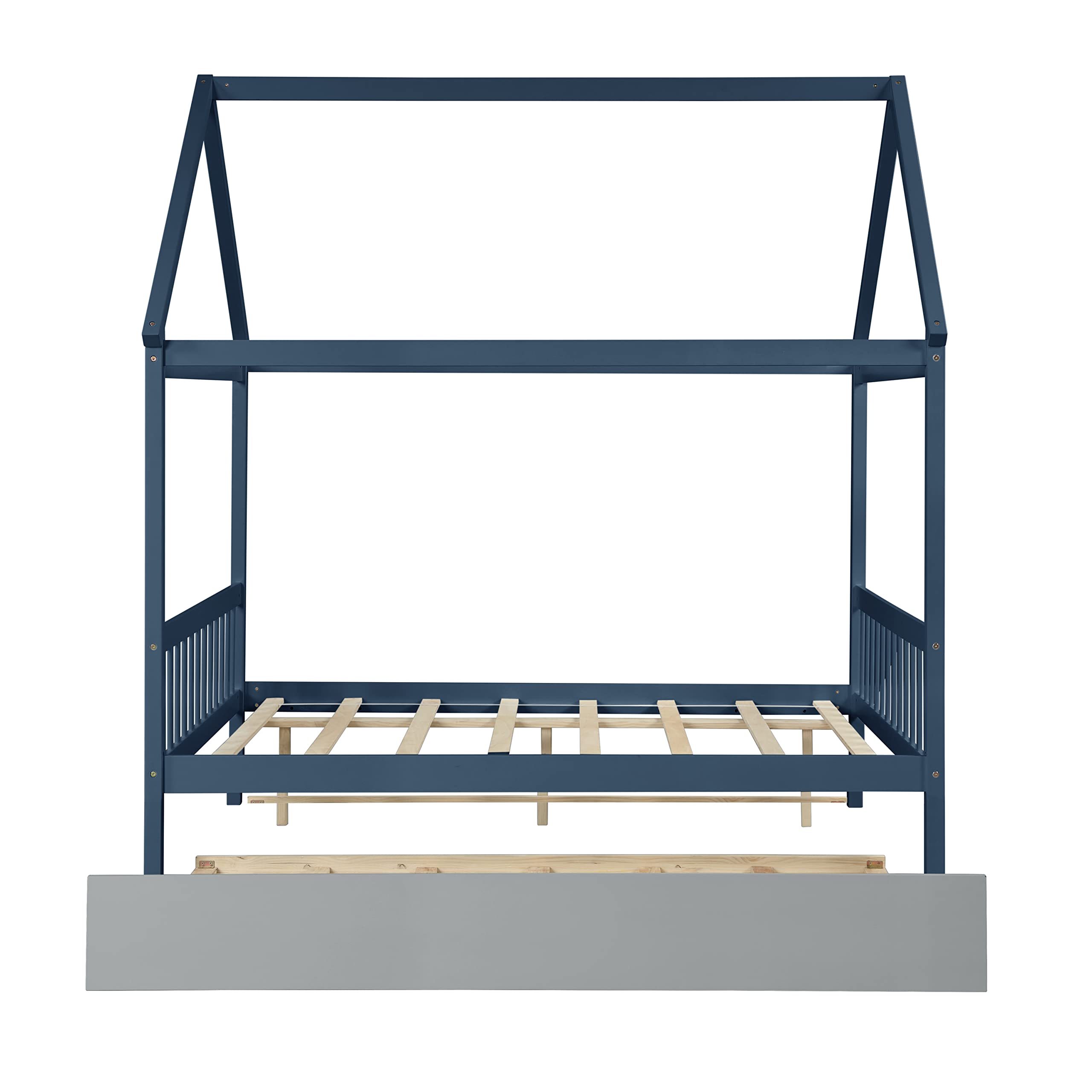 Full Size House Bed with Twin Trundle - Wooden Platform Bed Frame for Kids, Girls & Boys - Blue - Perfect for Bedrooms, Playrooms & Sleepovers