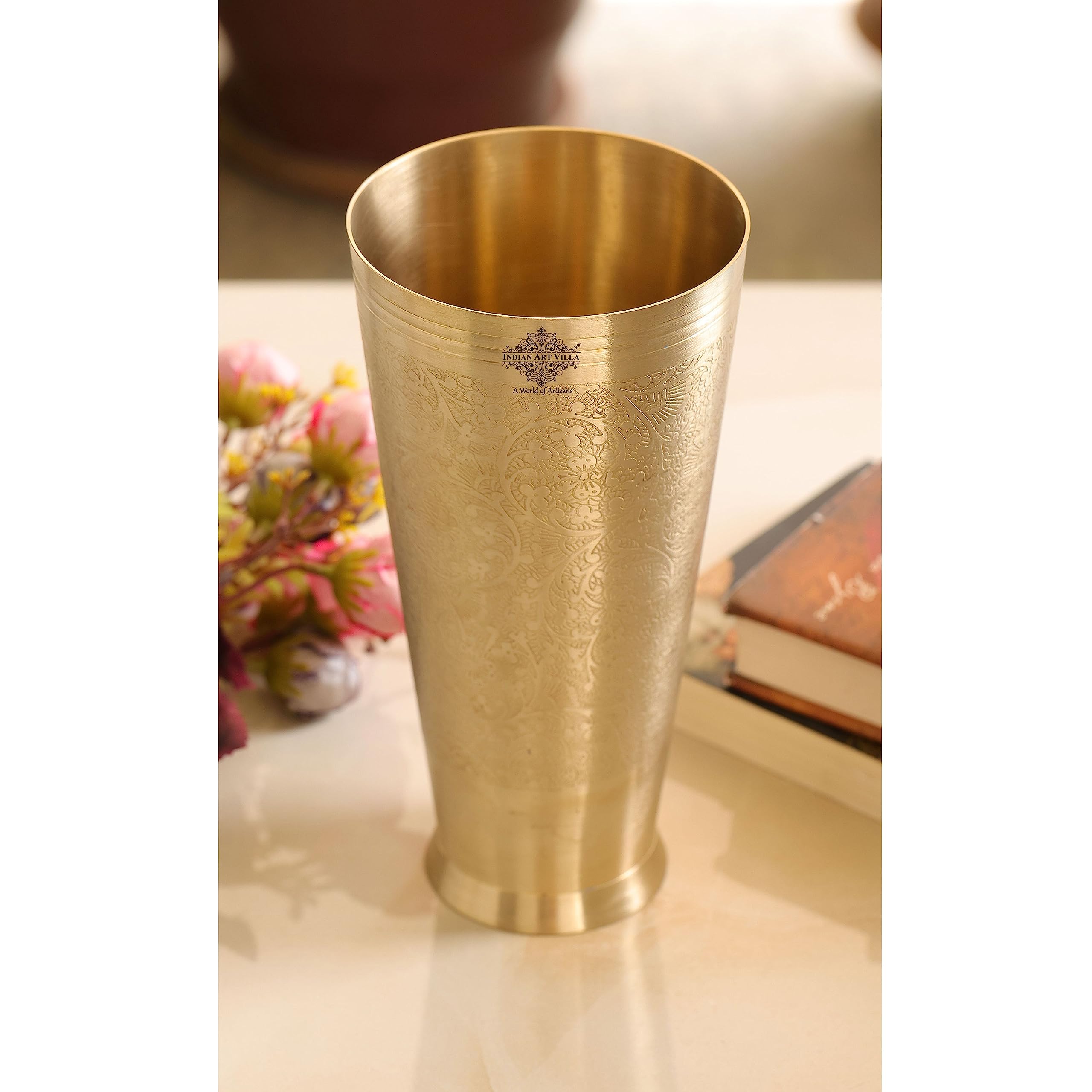 Premium Indian Brass Lassi Glass Tumbler Set - 54oz Embossed Flower Design Drinking Cups (Set of 2) - Perfect for Traditional Yogurt Drinks, Smoothies, and Chilled Beverages at Home or Restaurant