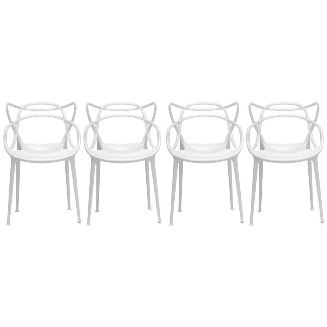 2-Pack Set of 4 White Stackable Modern Plastic Dining Chairs with Arms - Contemporary Open Back Design for Kitchen, Patio, Office & Outdoor Use - Perfect for Dining, Working, Lounging & Small Spaces