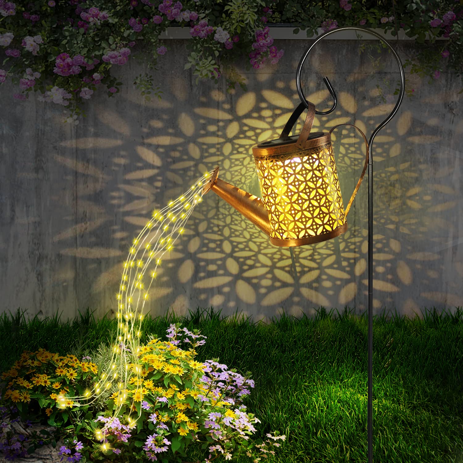 Solar Watering Can with LED Lights - Outdoor Garden Decor, Waterproof Hanging Lantern - Metal Solar Waterfall Lights for Yard, Patio & Garden - Perfect for Nighttime Watering & Ambient Lighting