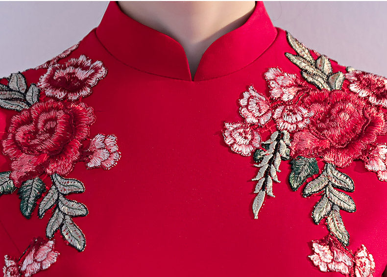 Elegant Red Embroidered Fishtail Qipao Cheongsam Wedding Dress for Brides - Perfect for Traditional Chinese Weddings, Tea Ceremonies & Special Occasions