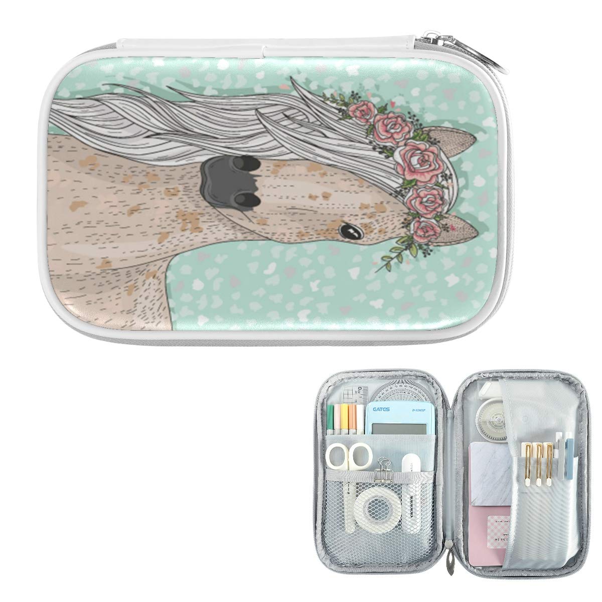ZZKKO Floral Horse Pencil Case - Zipper Pouch for School & Office Supplies